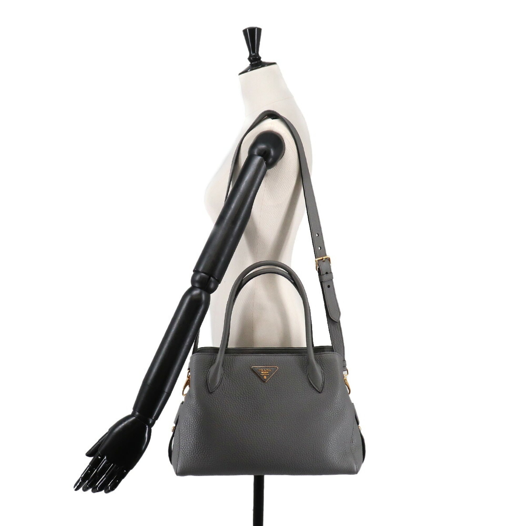 Prada 2-way Hand/Shoulder Handbag, Leather, Gray, 1BA127, Gold Hardware — Like New