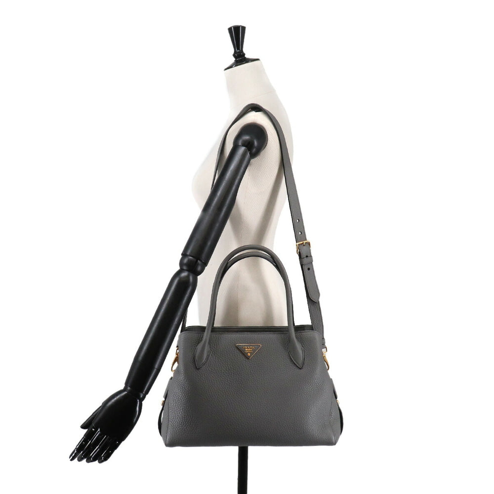 Prada 2-way Hand/Shoulder Handbag, Leather, Gray, 1BA127, Gold Hardware — Like New