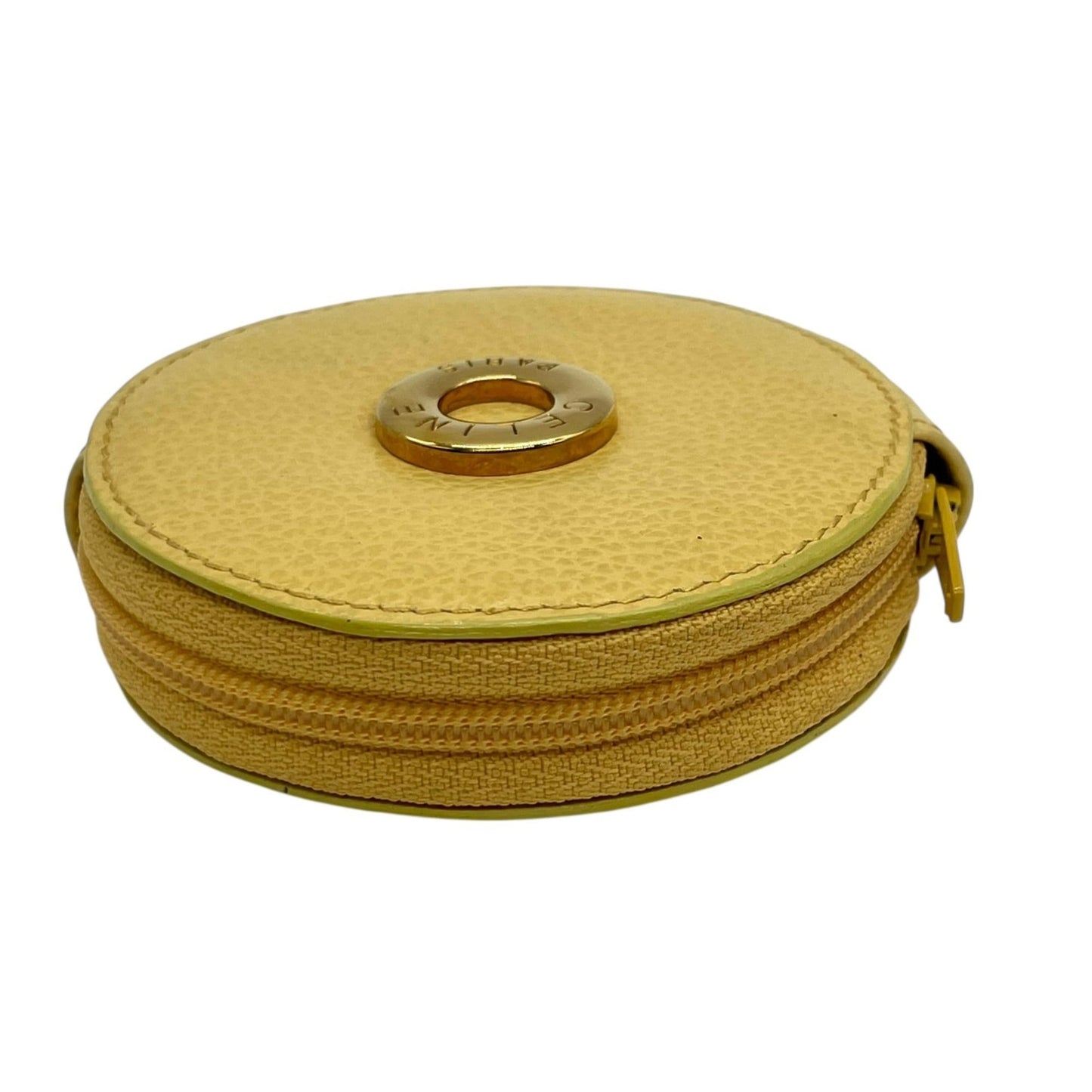 Celine Round Circle Logo Wallet/Coin Case, Beige, Gold Hardware, Yellow Leather, M3
