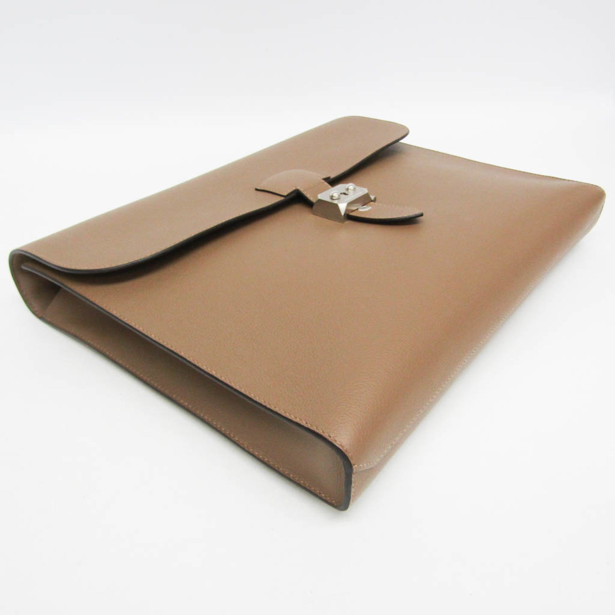 Hermes Sac A Depeche Men's Taurillon Clemence Leather Briefcase,Document Case Etoupe Gray — Like New