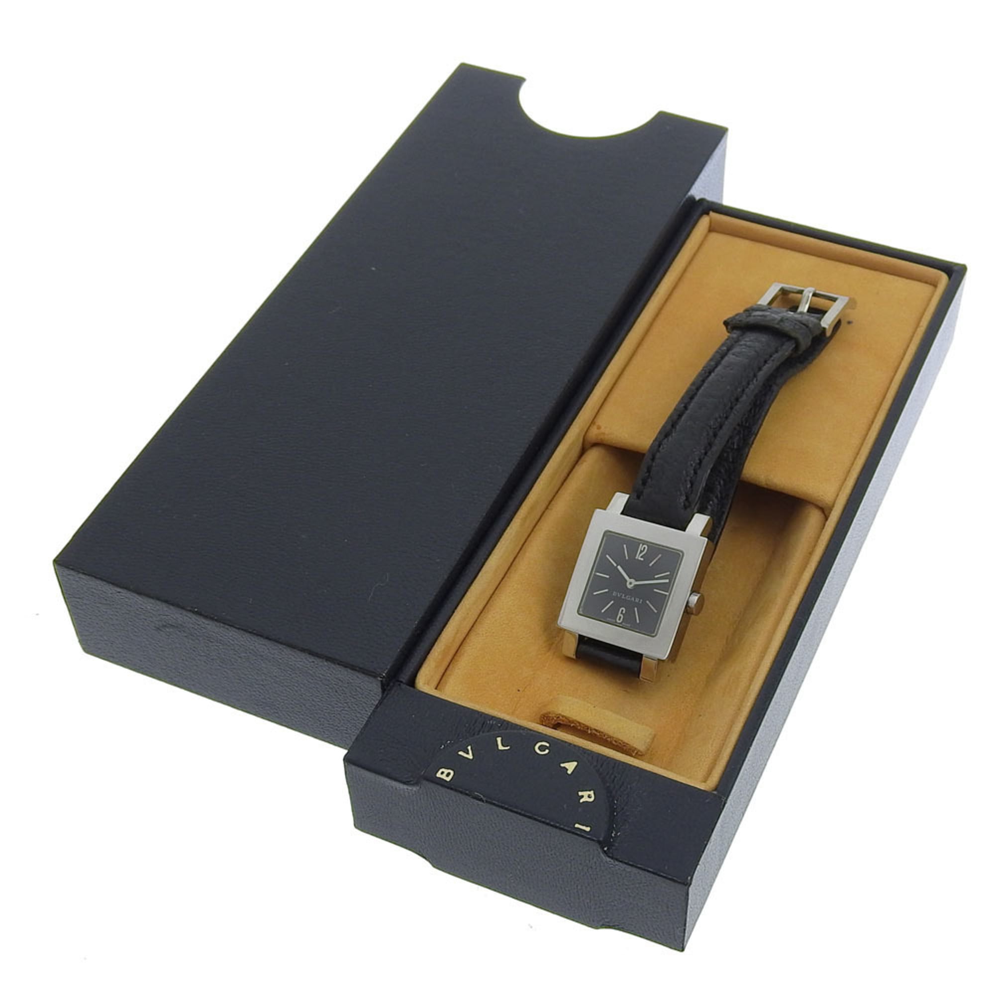 BVLGARI Quadrado SQ22SL Women's Watch, Stainless Steel and Leather, Quartz Movement, Analog Display, Black Dial — Good