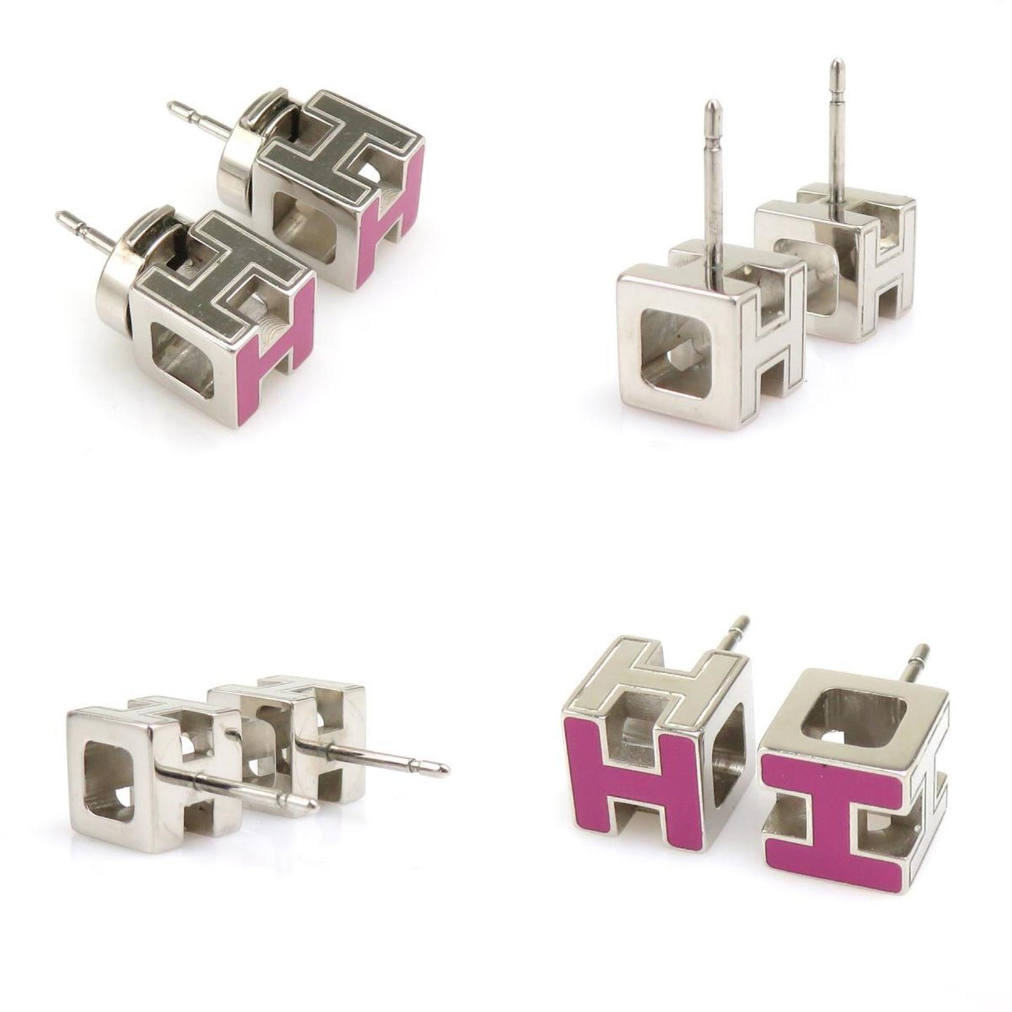 Hermes HERMES Earrings Cage de H Metal Enamel Silver Magenta Women's e60350