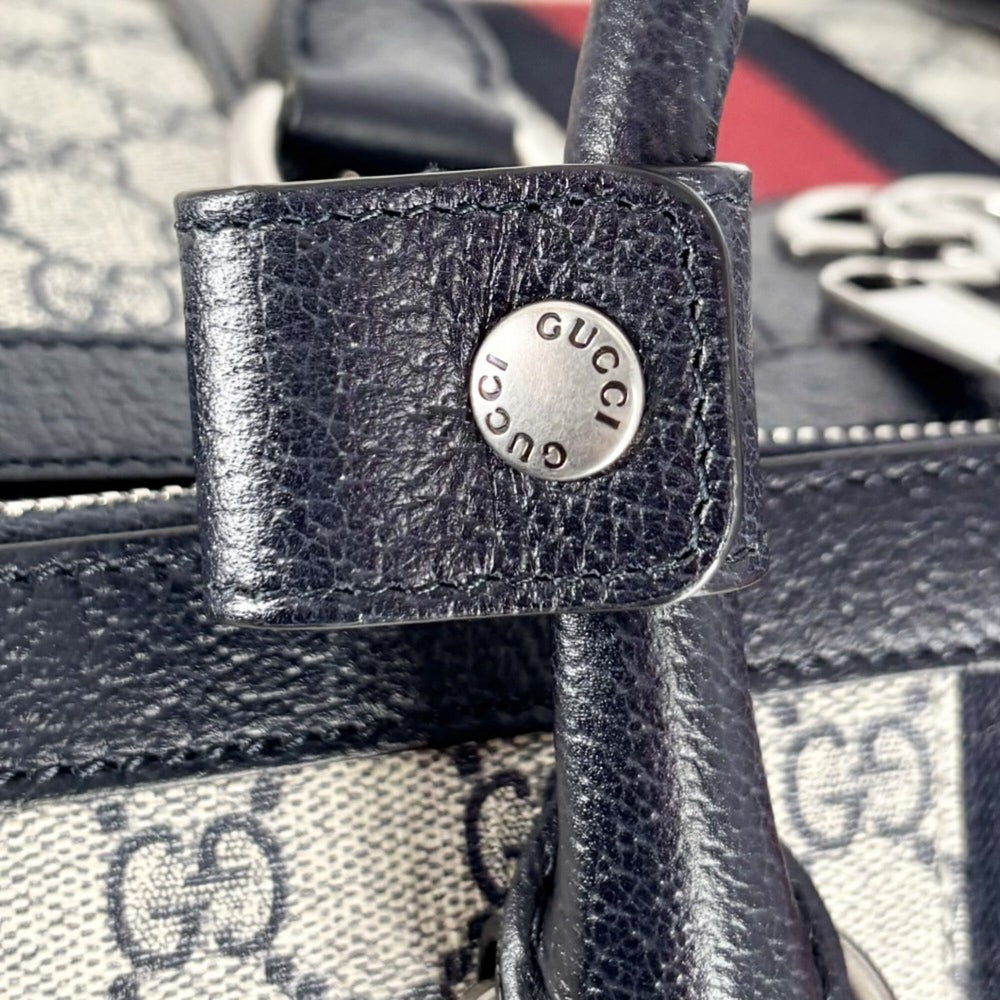 Gucci Boston Bag for Men and Women, Ophidia Medium Duffle Bag, Handbag, Shoulder Crossbody Travel GUCCI 724642, GG Supreme Canvas, Leather, Navy, Beige, Silver Hardware — Like New