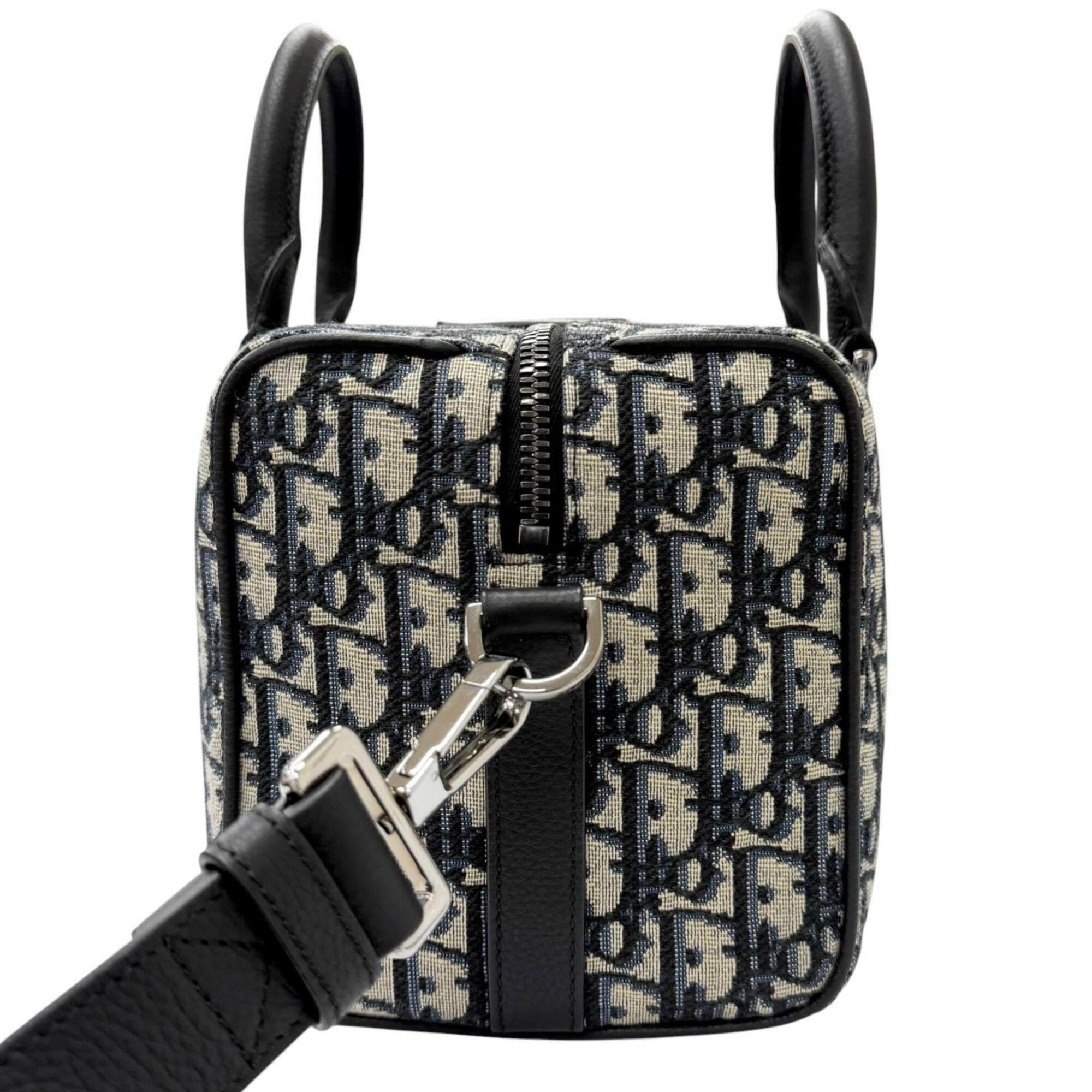 DIOR Homme 1ADDU114 Lango 26 Leather Oblique Jacquard Saddle 2-Way Shoulder Bag, Beige/Navy, Made in Italy, Men's, with Dust Bag — Like New