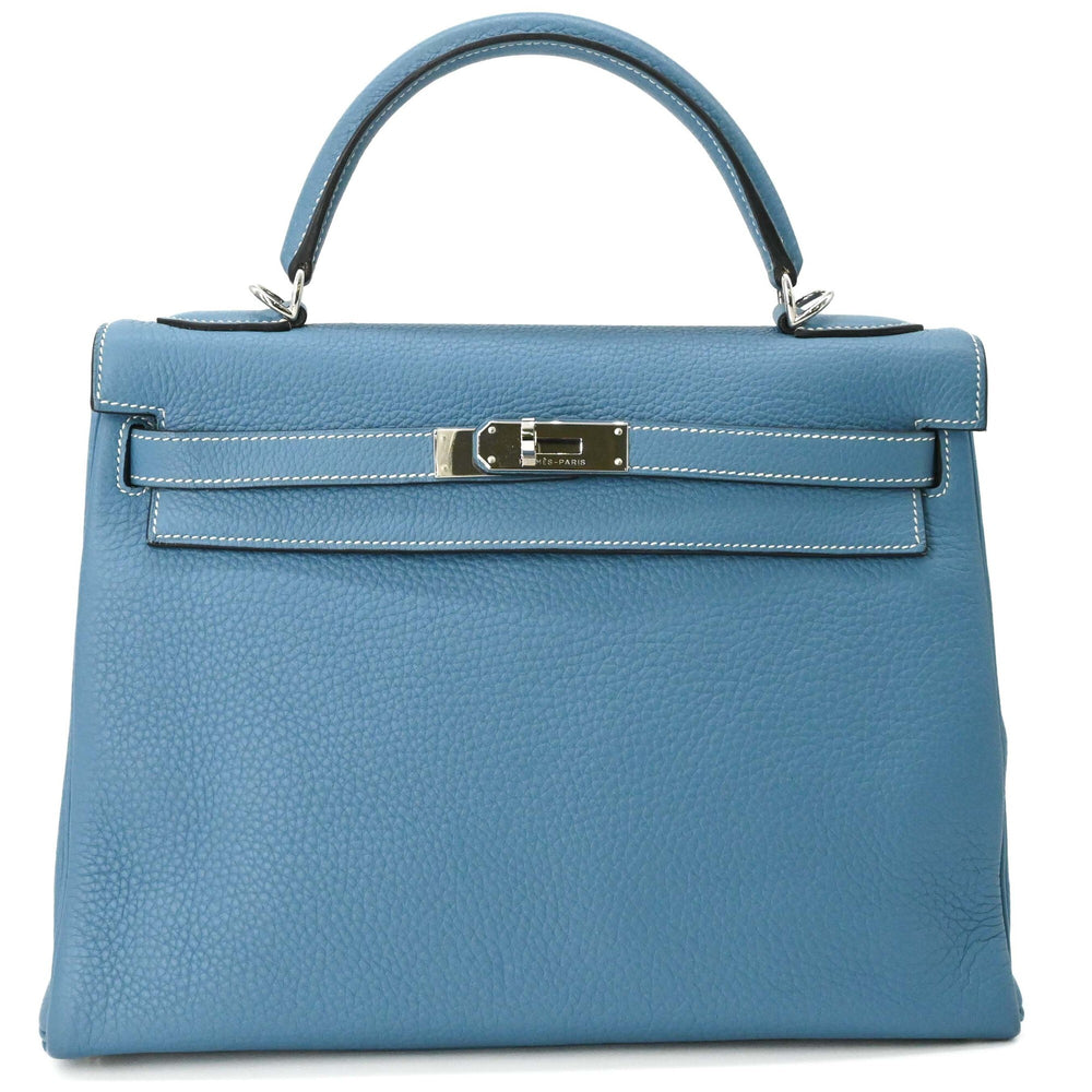 HERMES Kelly 28 Handbag Tote Bag, Taurillon Clemence Leather, Women's, Blue Jean — Like New