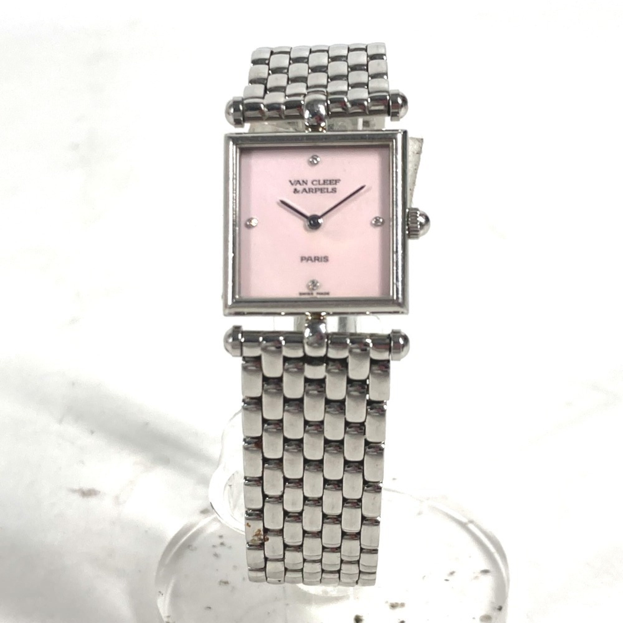 Van Cleef & Arpels 522642 Pink Shell Classic Cale 4P Diamond Square Ladies Watch Stainless Steel M-241220-2 — Very Good