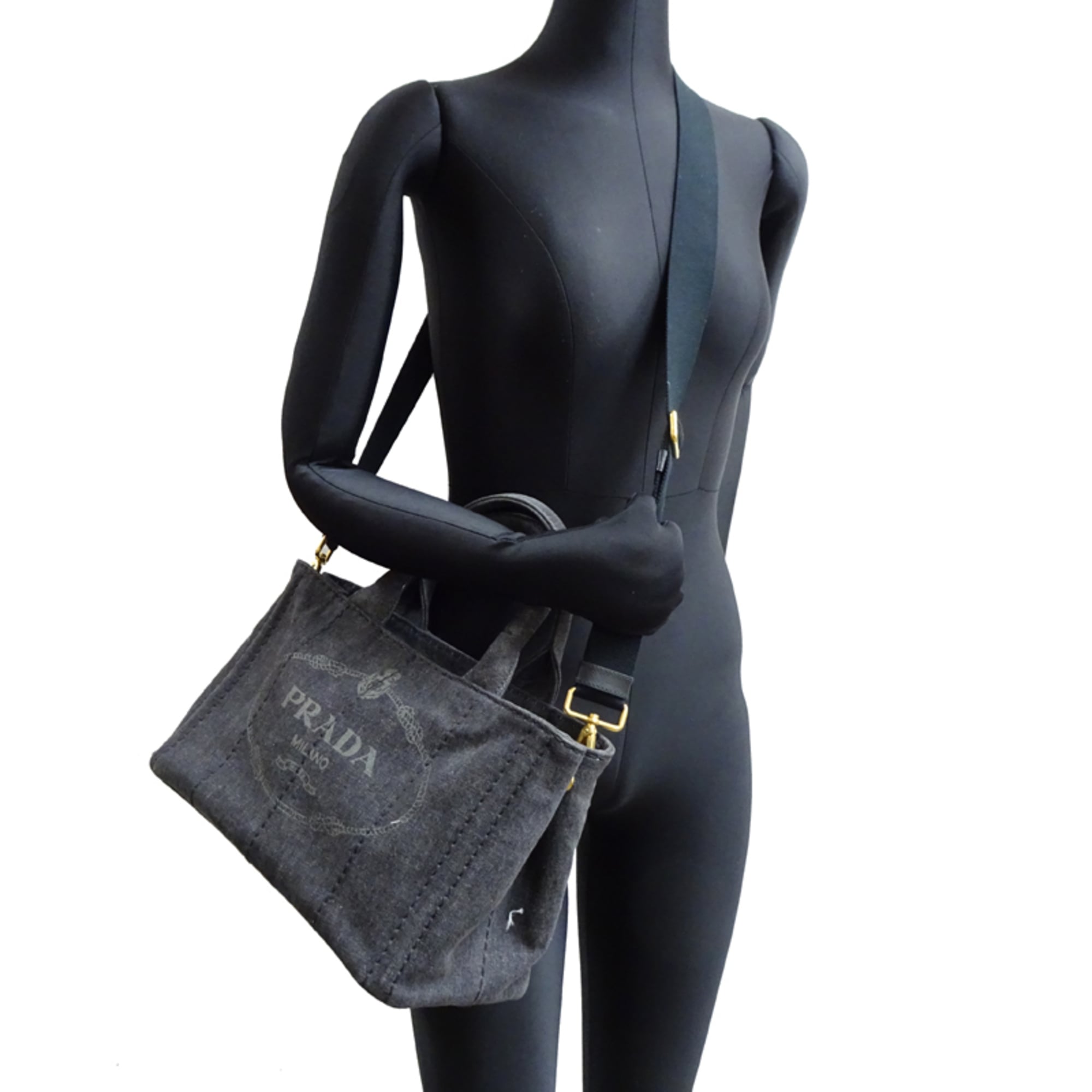 Prada Canapa Women's Tote Bag B2439G Denim NERO (Black)