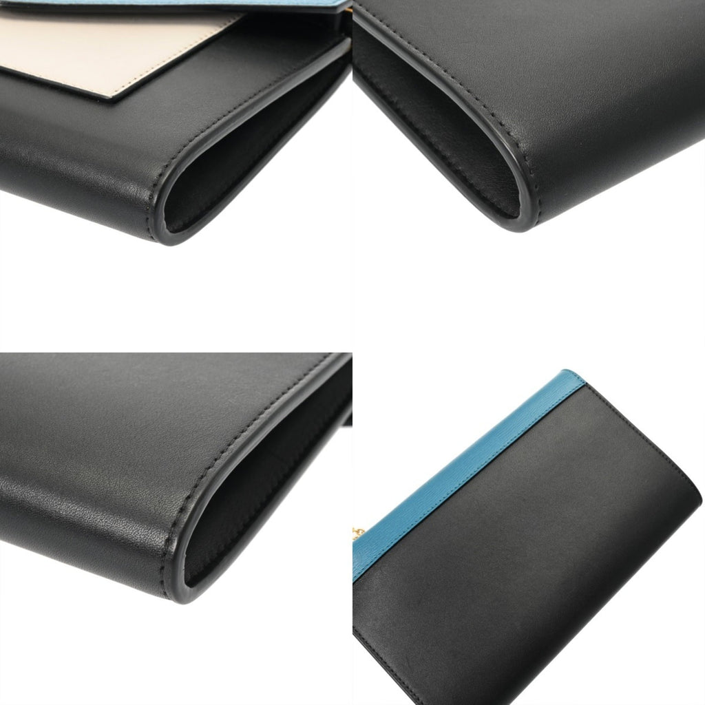 CELINE Chain Wallet, Black, White, Blue, Women's Leather Shoulder Bag, A-Rank, Pre-Owned, Ginzo