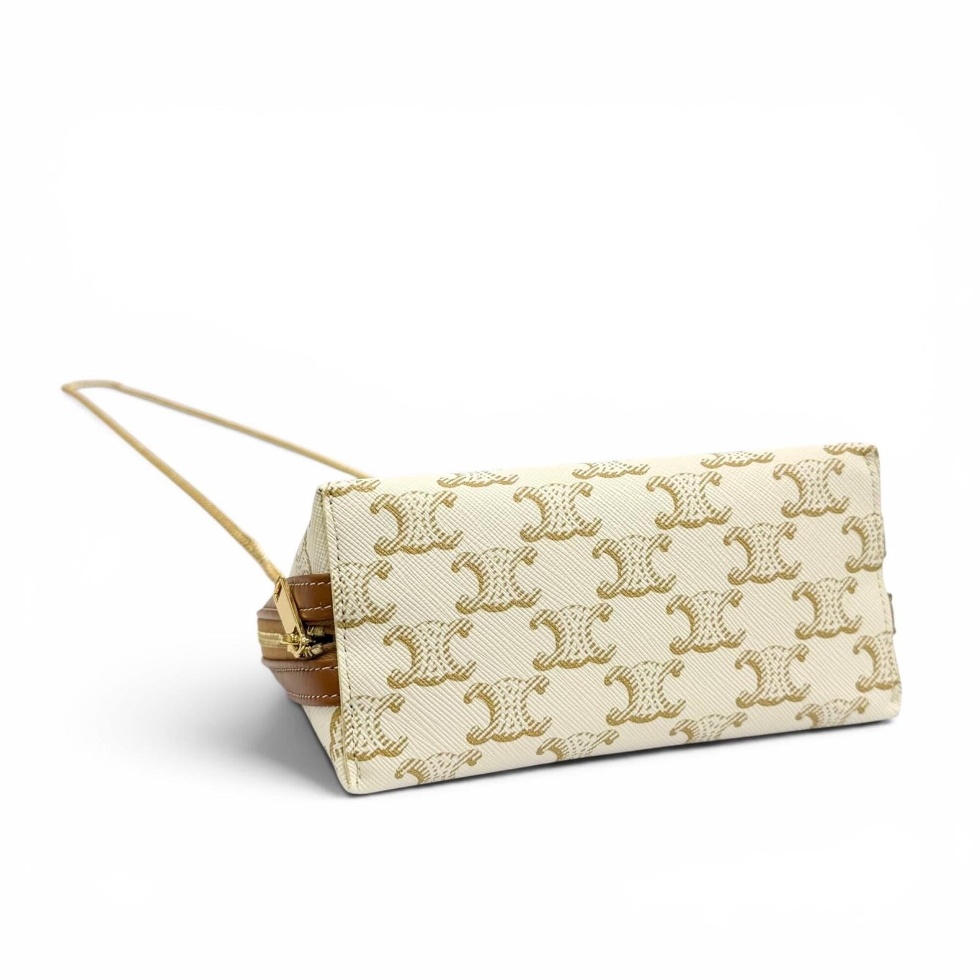 CELINE Triomphe Canvas Logo Chain Clutch Bag Shoulder Off-White Brown Made in Italy Women's Comes with Dust — Like New