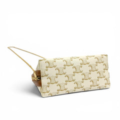 CELINE Triomphe Canvas Logo Chain Clutch Bag Shoulder Off-White Brown Made in Italy Women's Comes with Dust — Like New