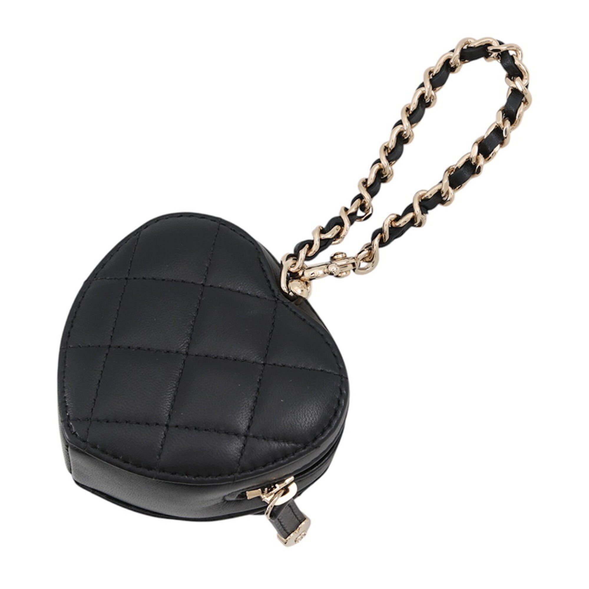 Chanel accessory bag charm, Matelassé heart mini lambskin AP4838, black. handbag pouch — Like New