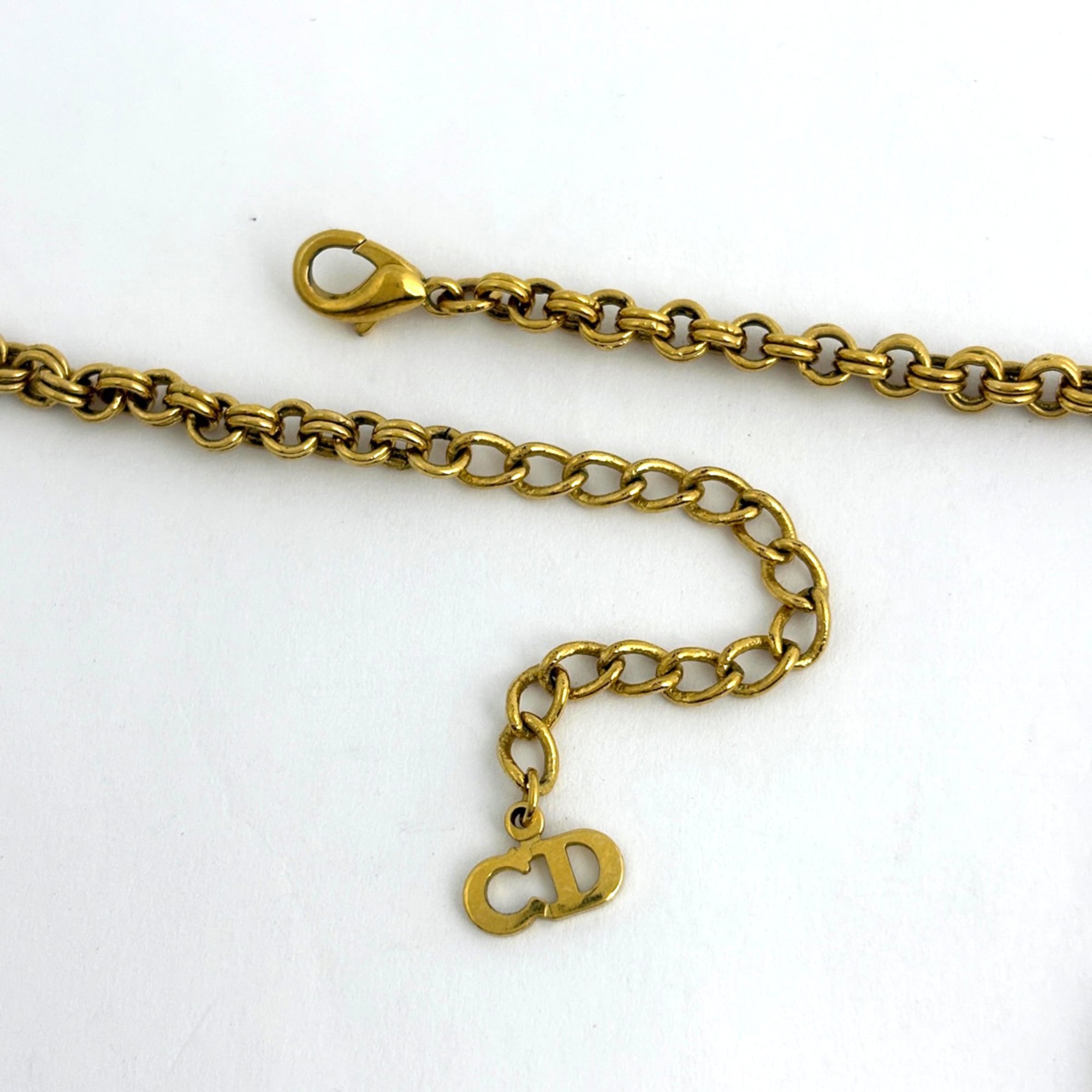 Christian Dior logo chain necklace with CD and rhinestones, GP gold, for women.