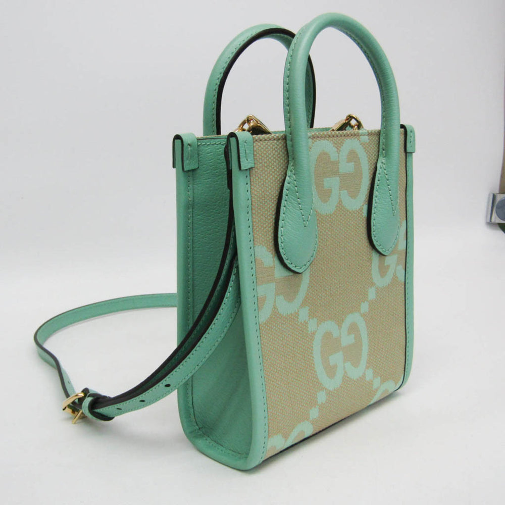 Gucci Jumbo GG 671623 Women's Canvas,Leather Handbag,Shoulder Bag Beige,Light Green — Like New