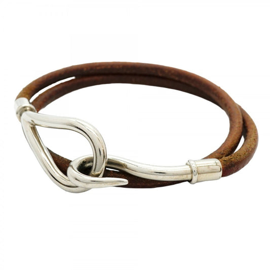 Hermes Jumbo Hook Bracelet, Metal, Leather, Silver, Brown, Women's