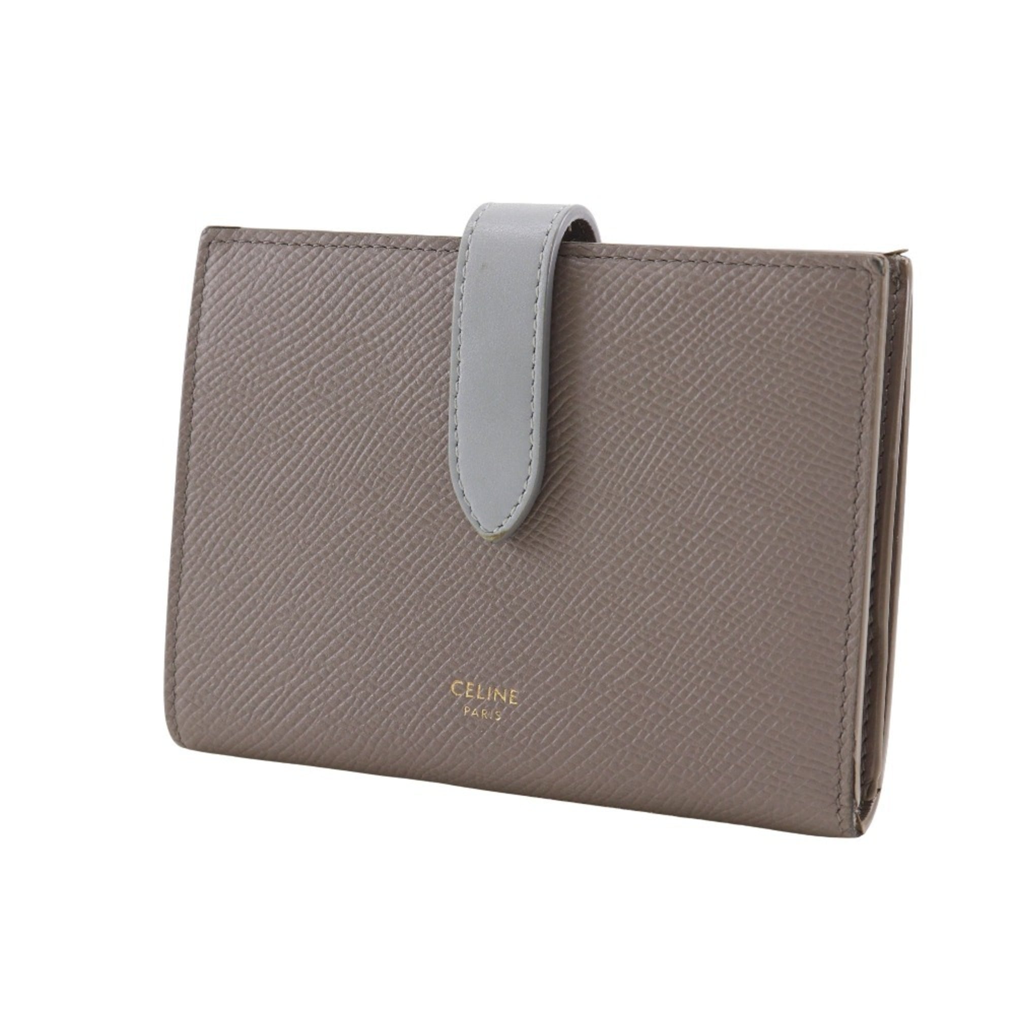 CELINE Medium Strap Wallet Bifold Leather Gray Snap Button Unisex