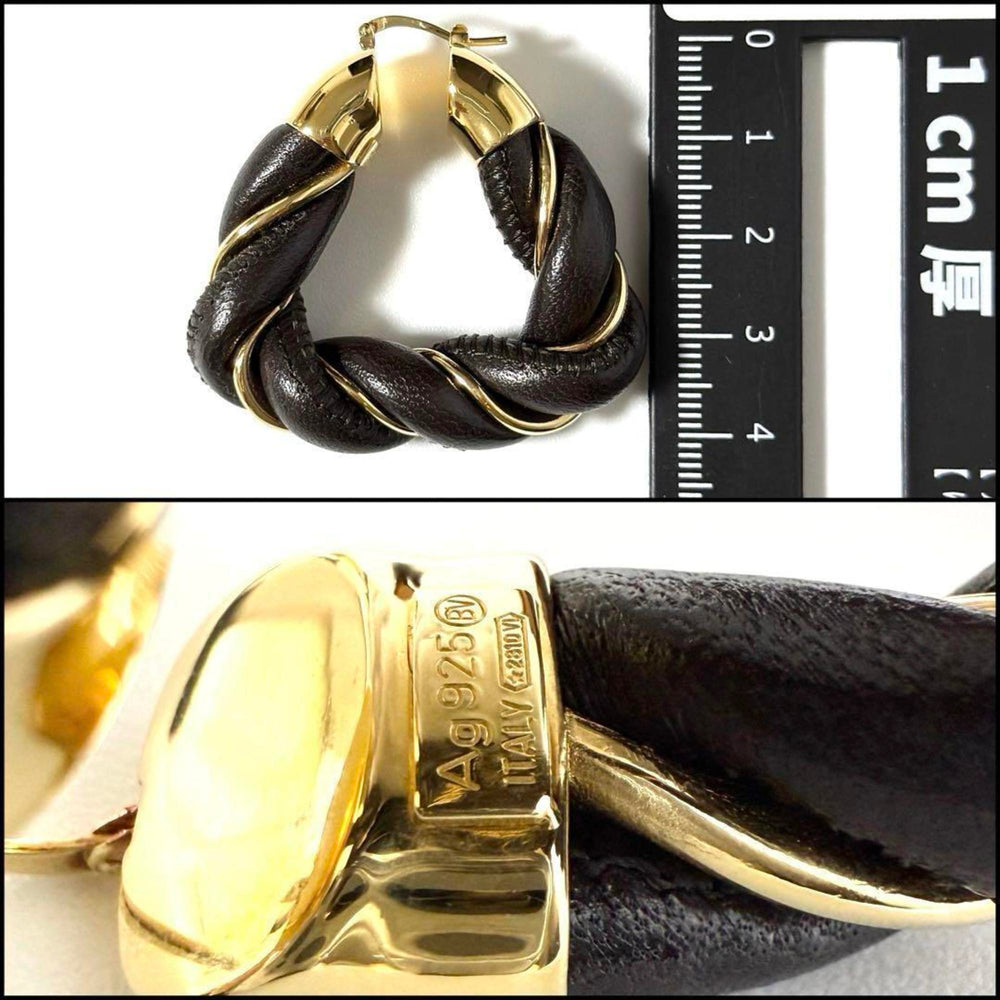 BOTTEGA VENETA Women's Hoop Triangle Twist Earrings in 925 Silver and Leather — Like New