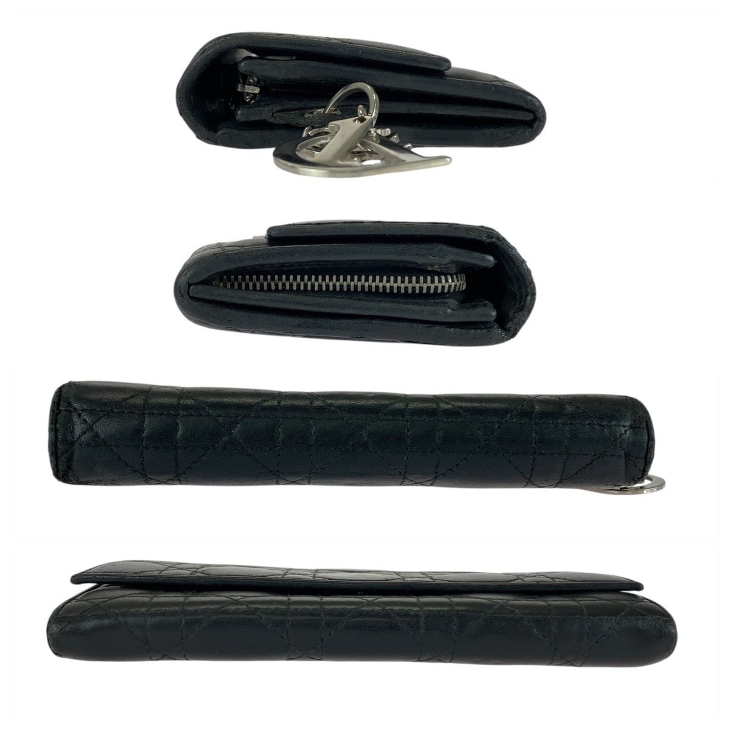 Christian Dior Cannage Black Leather Long Wallet with Silver Hardware, MC0028, Women's