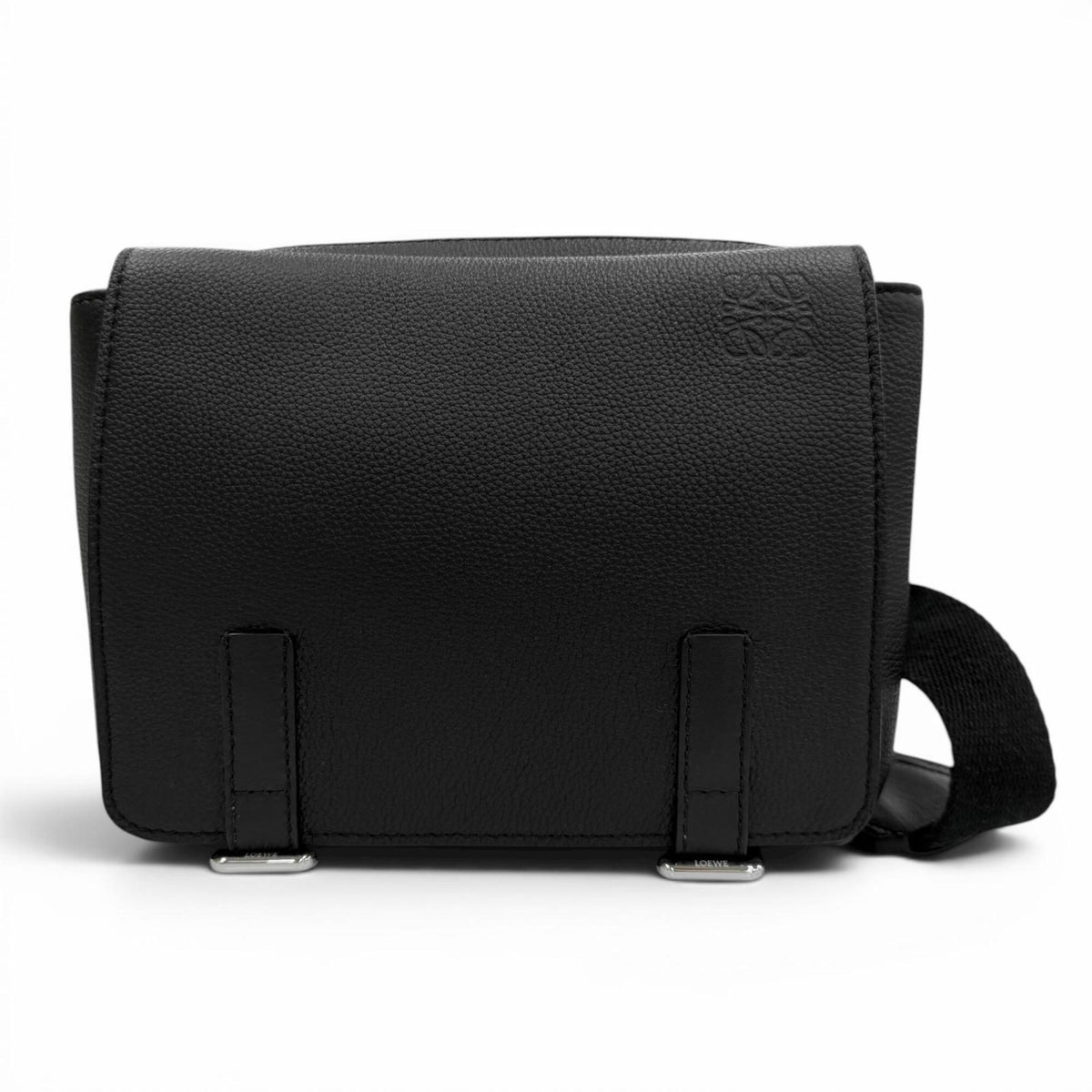 LOEWE B553A72X22 Leather Anagram Logo Military Messenger Shoulder Bag, Black, XS, Made in Portugal, Men's, with Dust Bag — Like New
