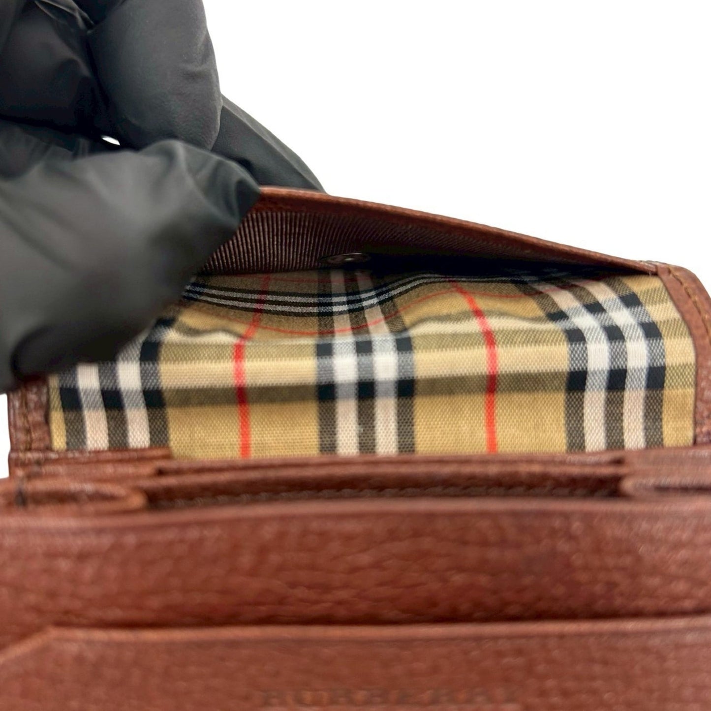 Unused, stored BURBERRY Nova check pattern logo engraved leather coin purse brown 01793