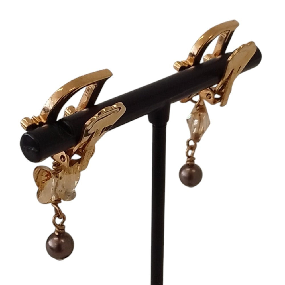 Christian Dior Rhinestone Logo Butterfly Pearl Swing Earrings, GP Gold Color, Women's — Like New