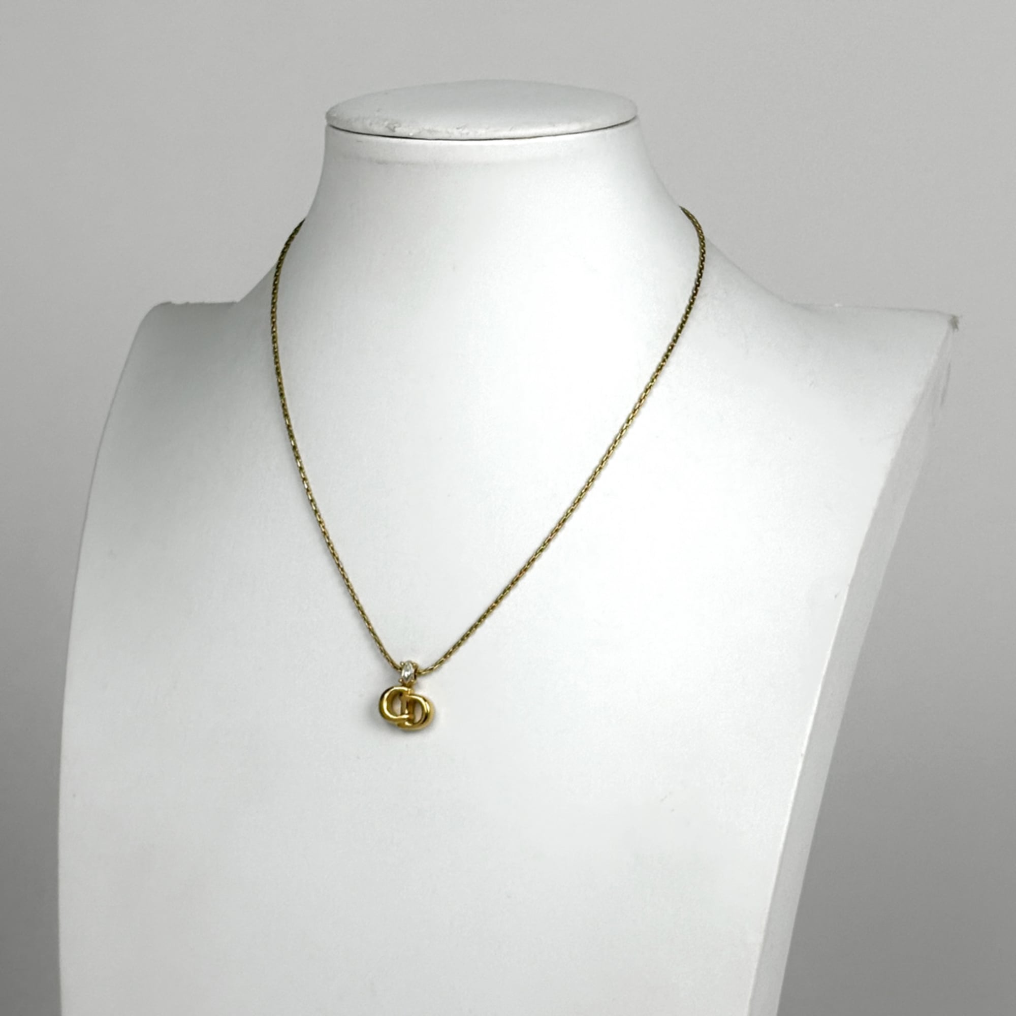 Christian Dior Logo Rhinestone Necklace CD GP Gold Women's