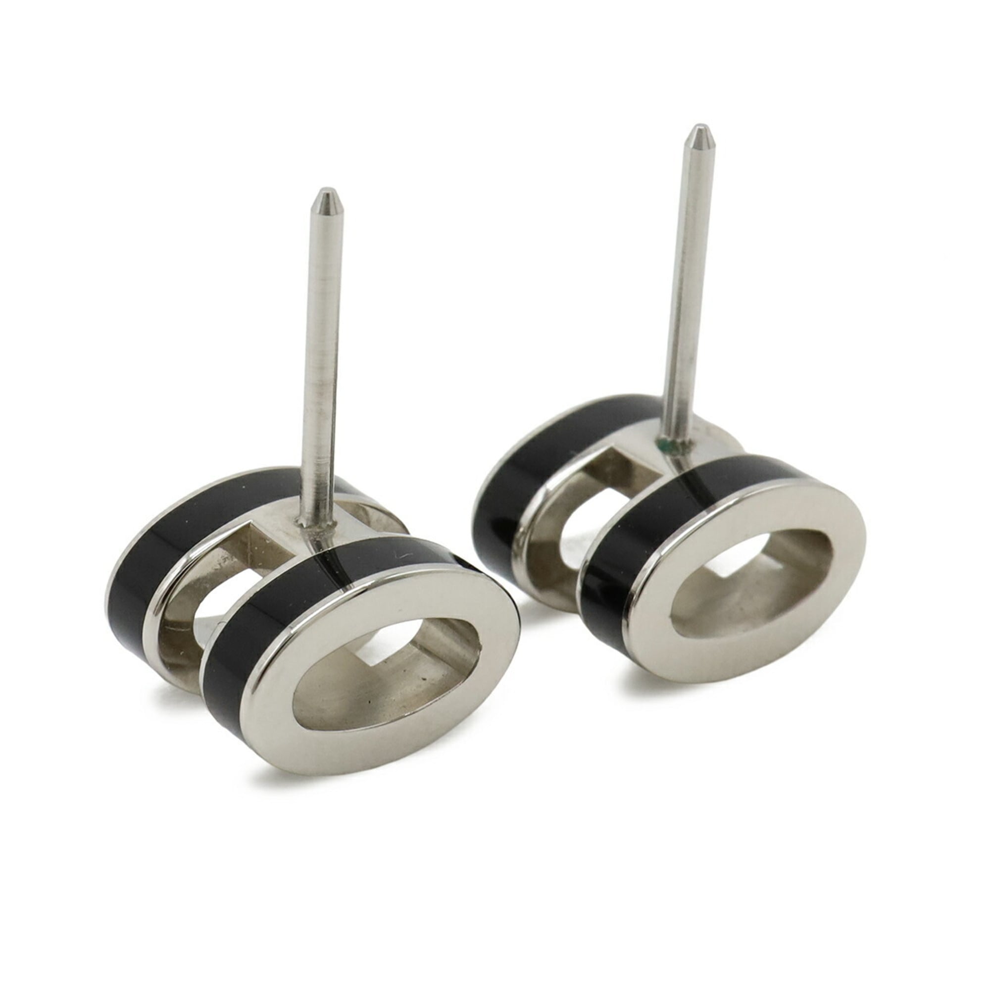 HERMES Mini Pop H Earrings, Metal, Lacquer, Black, Silver — Like New
