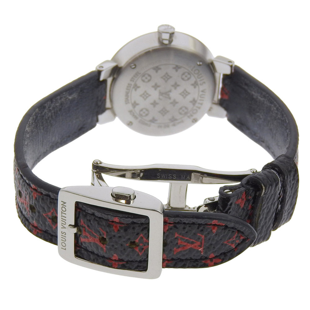 Louis Vuitton Tambour Slim Watch, 8 Diamonds, Q12MGA, Stainless Steel and Leather, Quartz Movement, Analog Display, Silver Dial, Women's — Very Good