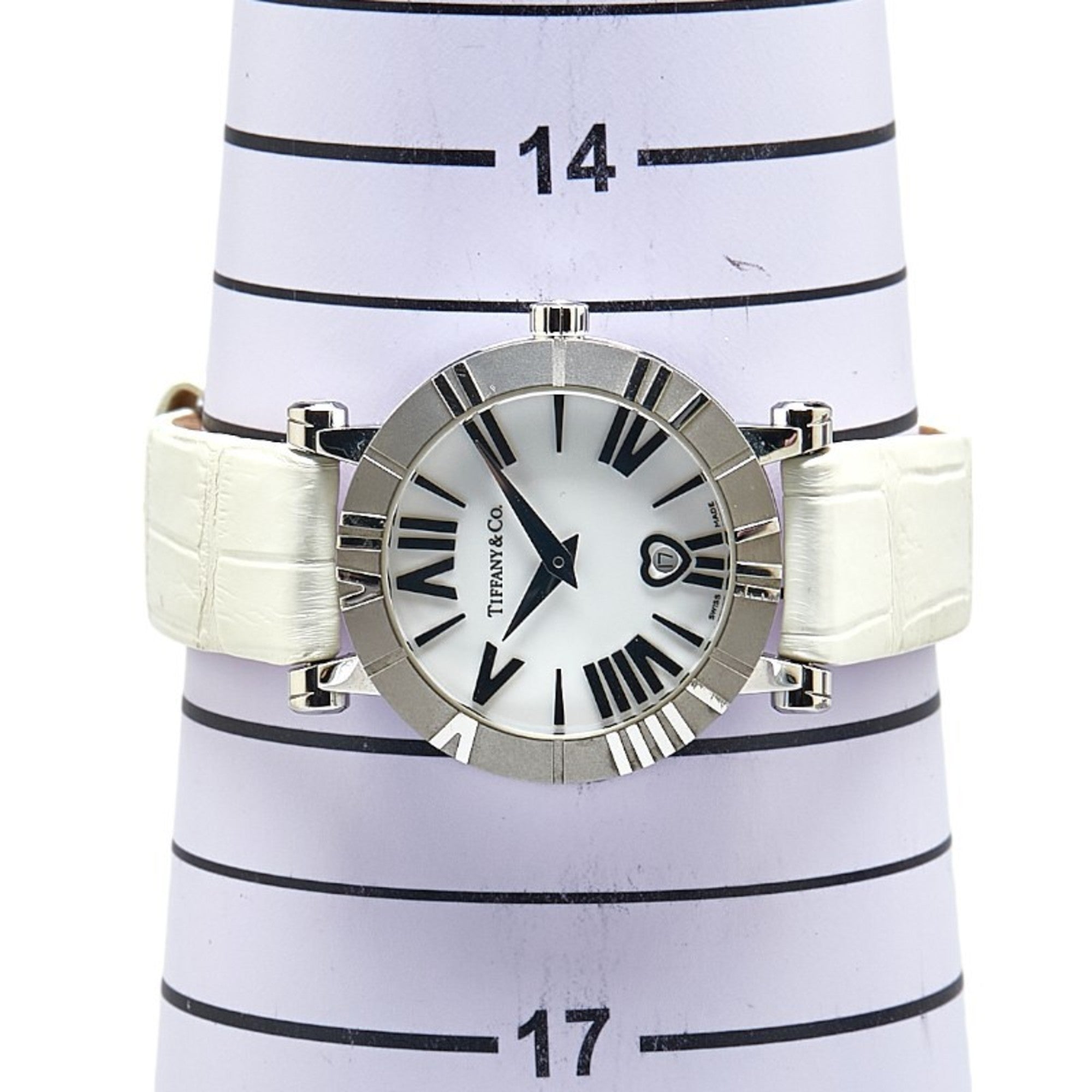 Tiffany & Co. Atlas Heart Date Watch Z1300.11.11A20A71A, Quartz Movement, White Dial, Stainless Steel, Leather, Women's — Good