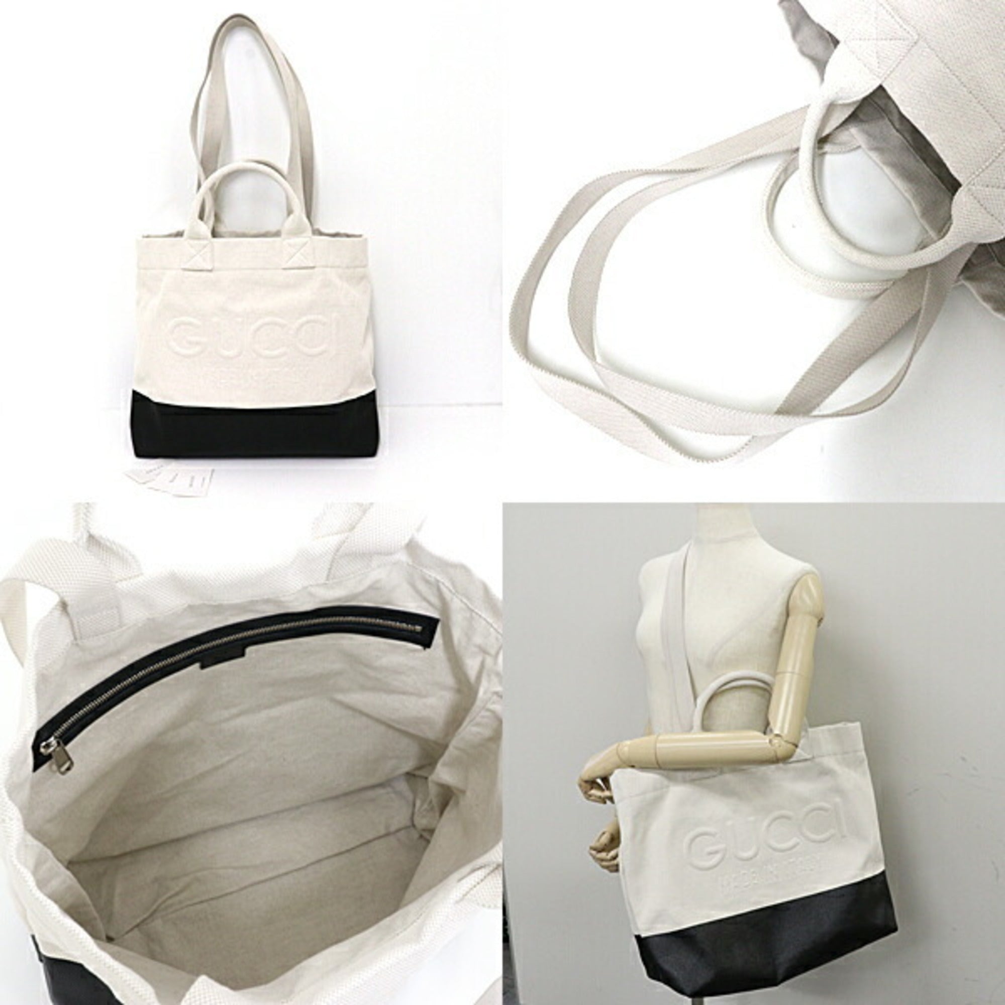 GUCCI Embossed Detail Canvas Tote Bag 782741 Natural Ivory Black — Like New