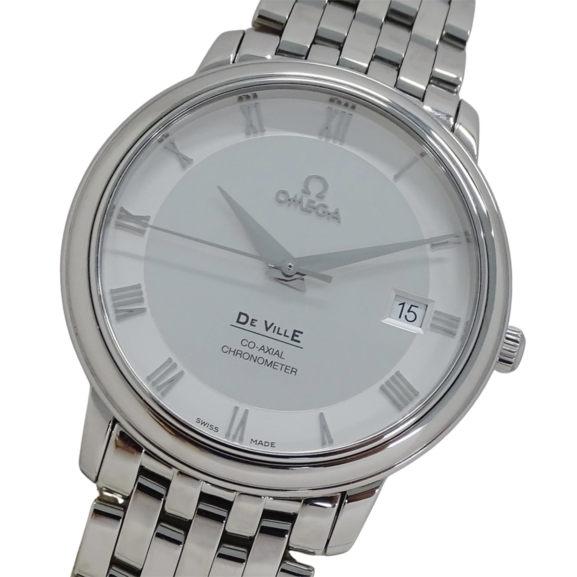 Omega De Ville Prestige 4574.31 Men's Watch, Brand Name, Date, Co-Axial Chronometer, Automatic, Stainless Steel (SS), Silver, Polished — Good