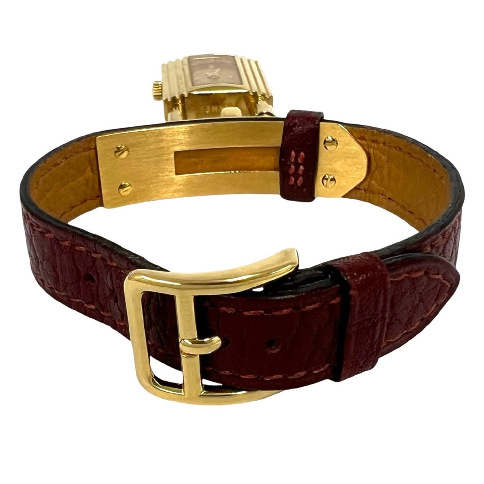 HERMES Vintage Kelly Watch GP Leather Genuine Quartz Wristwatch Brown Gold 33095 — Good
