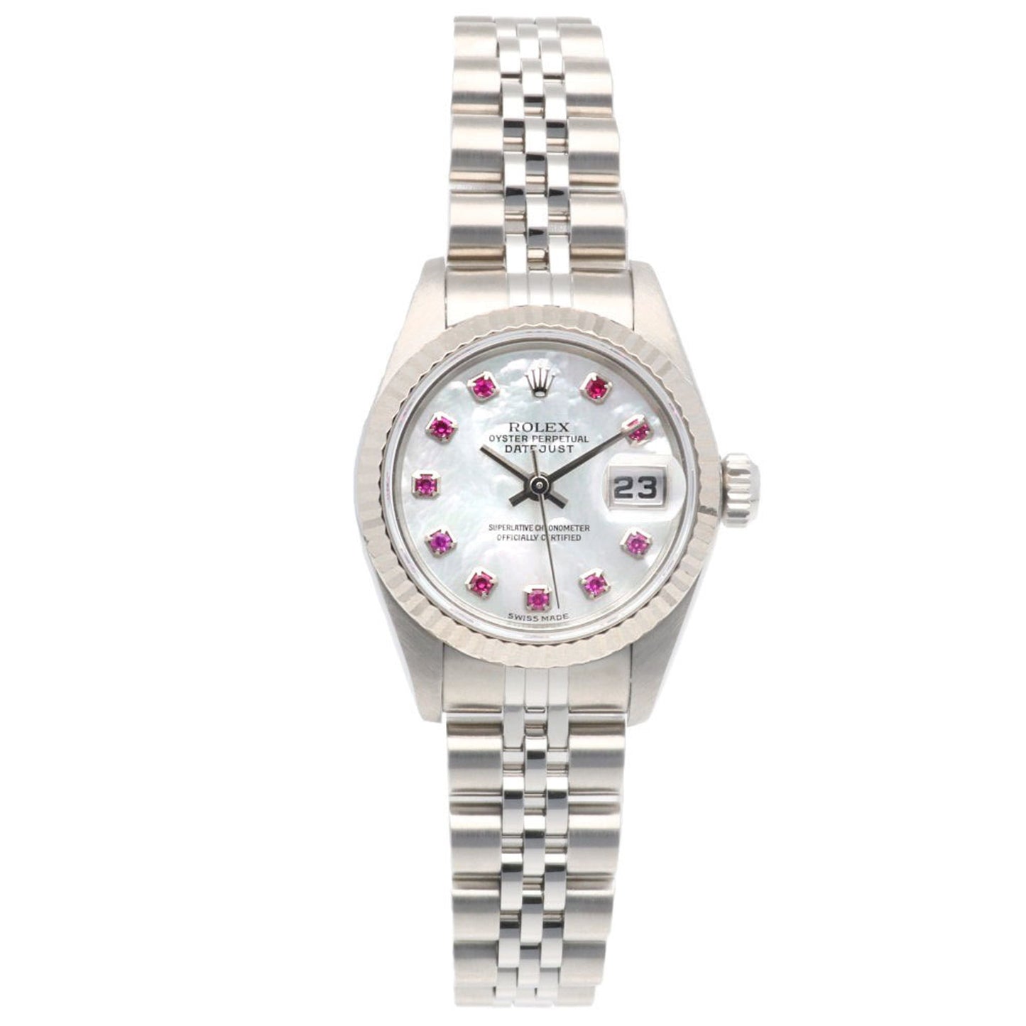 Rolex Datejust Oyster Perpetual Watch, Stainless Steel, Automatic, Women's, 79174NGR, ROLEX F-Serial, 2003-2004 Model, 10 Ruby Beads, White Shell, Overhauled