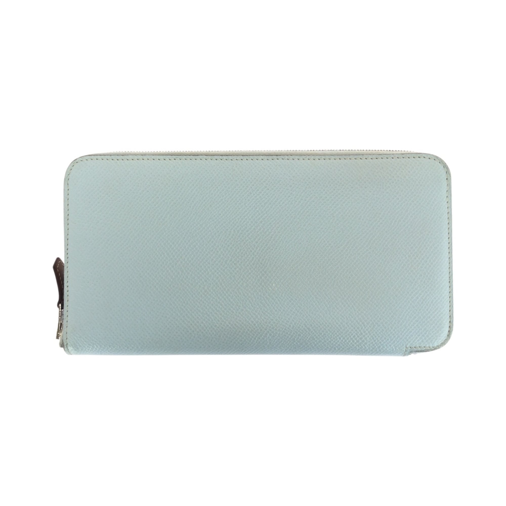 HERMES Azap Silkin Long Wallet, Light Blue, Silver Hardware, Epsom Leather, Silk, Round Zipper, Z Stamp, Women's