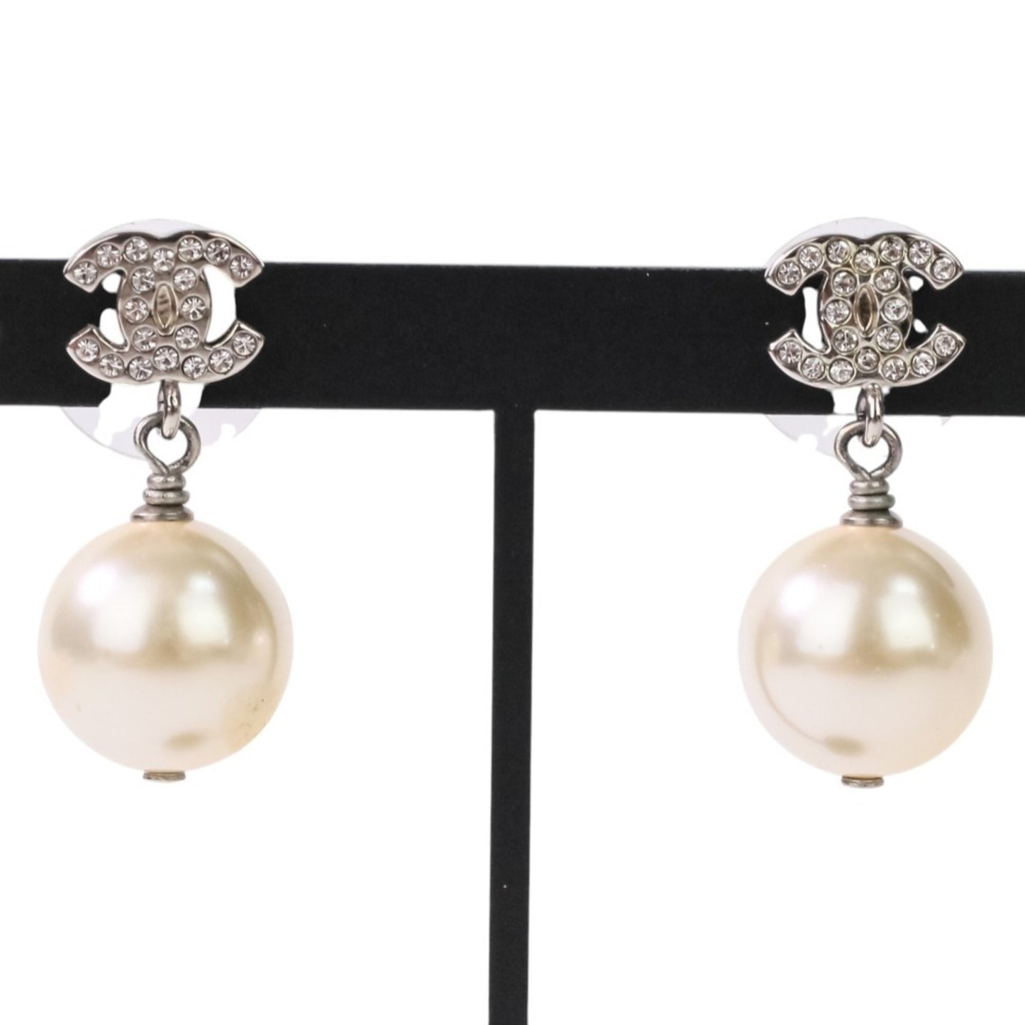 Chanel Faux Pearl & Rhinestone Coco Mark Stud Earrings in White and Silver