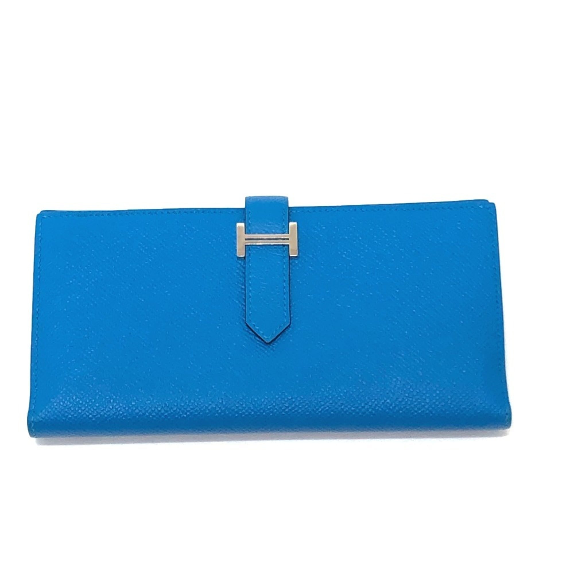 HERMES Bearn Soufflet Bifold Wallet, Long Epsom Leather, Women's, Blue Zanzibar,