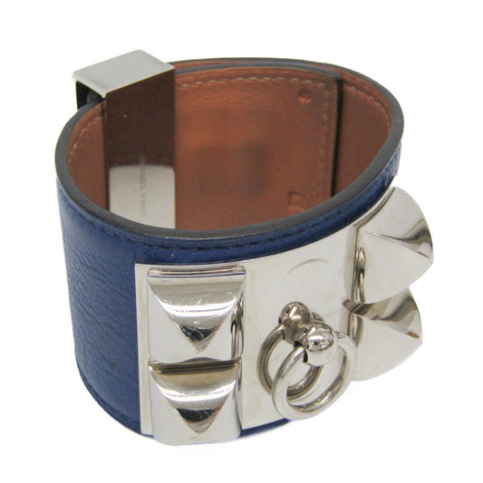 Hermes Collier De Chien Leather,Metal Bangle Silver,Bleu Saphir
