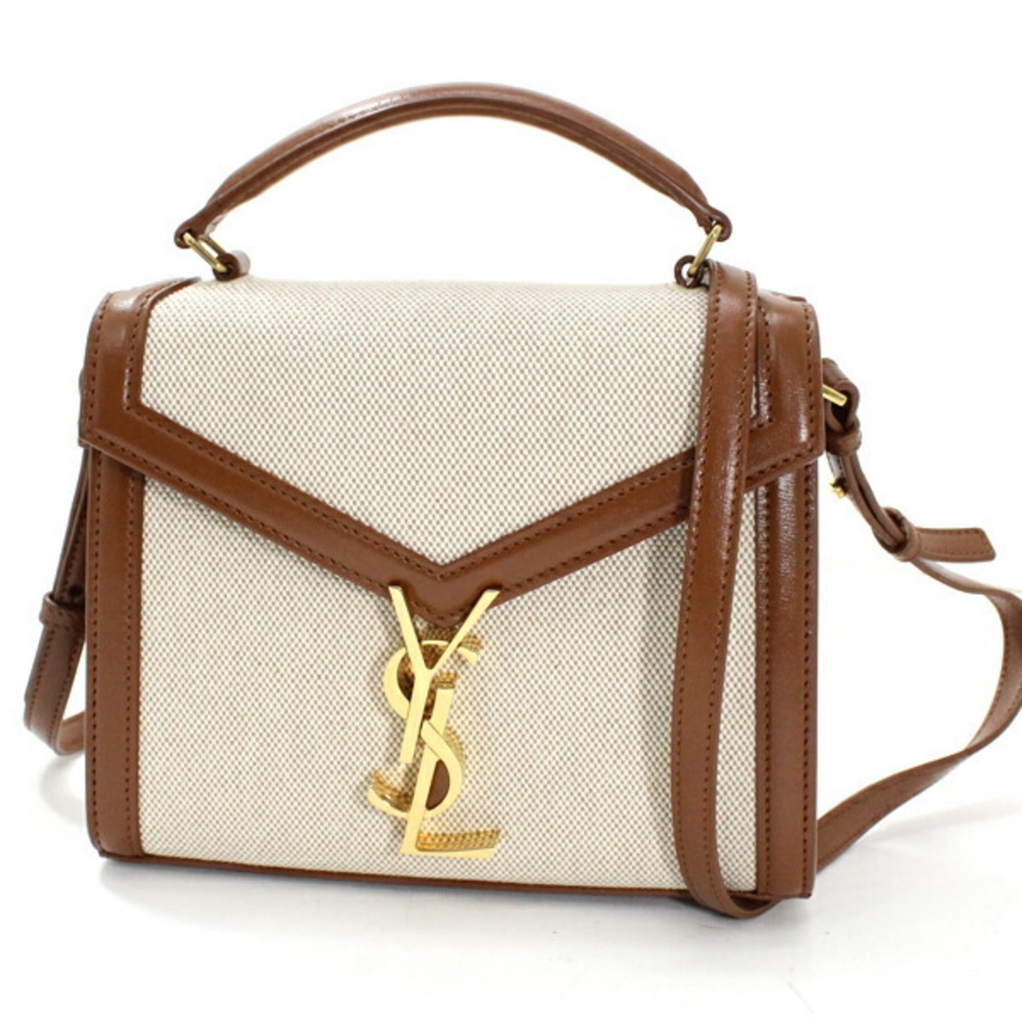 YSL Saint Laurent Cassandra Mini Shoulder Bag, Women's Canvas Brown, KM3046 — Like New