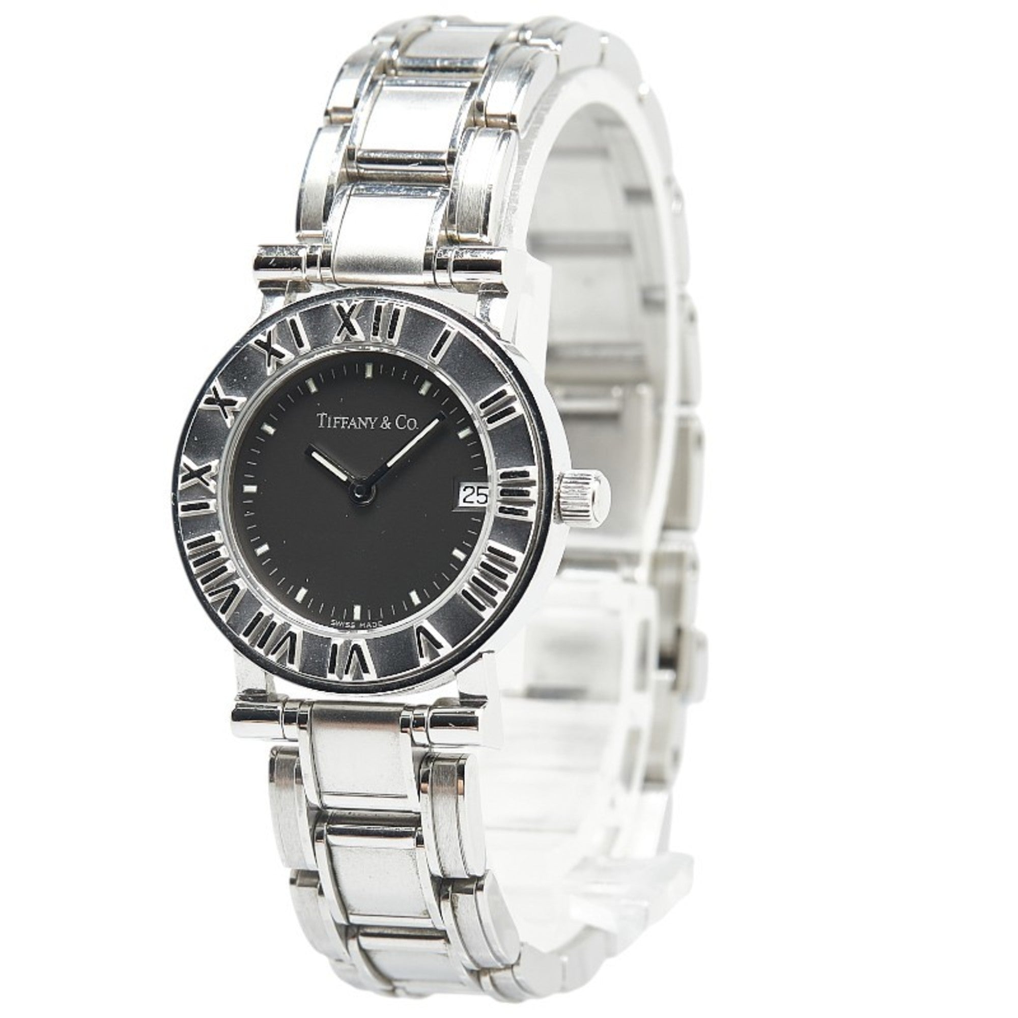 Tiffany Atlas Watch, Quartz, Black Dial, Stainless Steel, Women's, TIFFANY&Co — Good