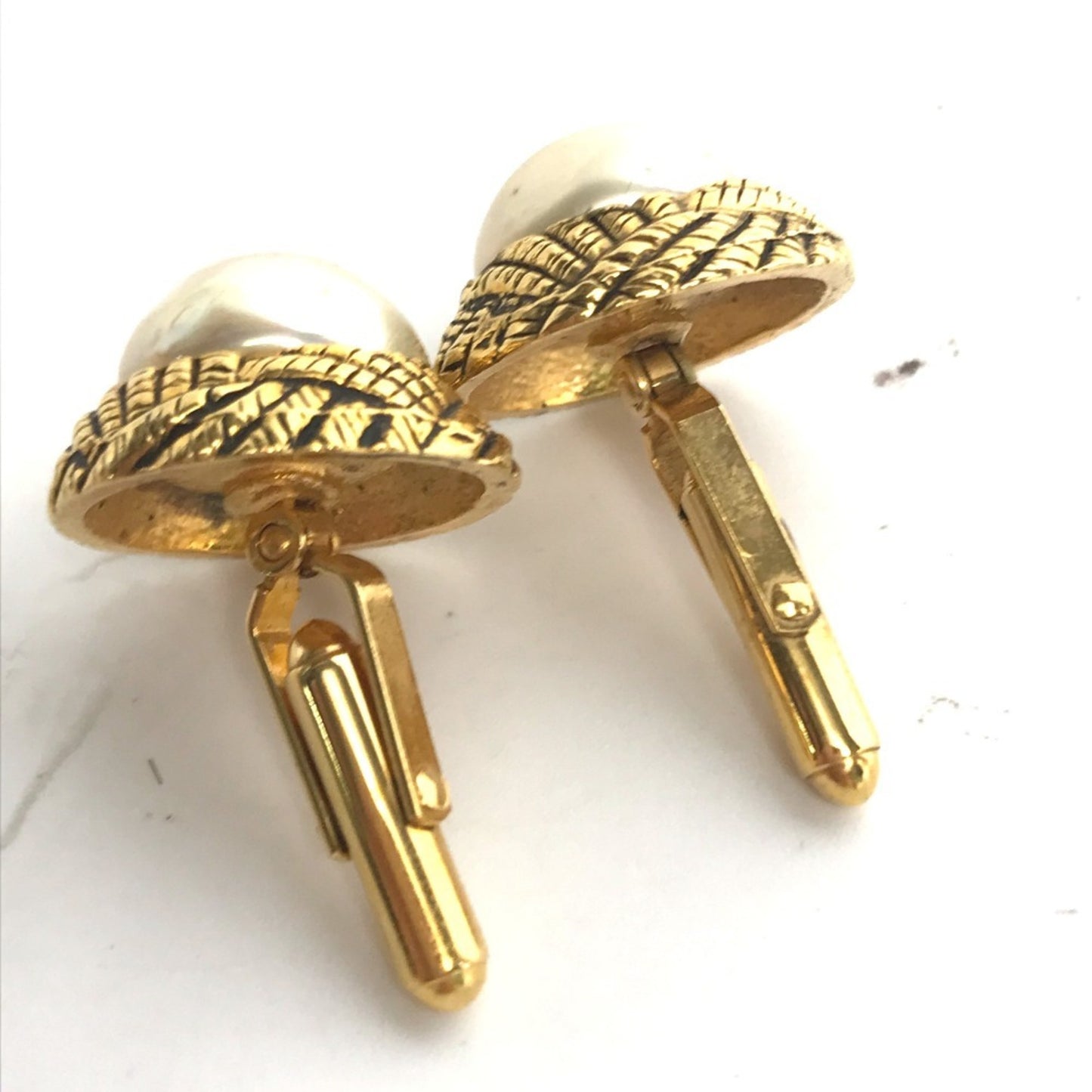 CHANEL Vintage Faux Pearl Cufflinks, Metal, Men's, Gold