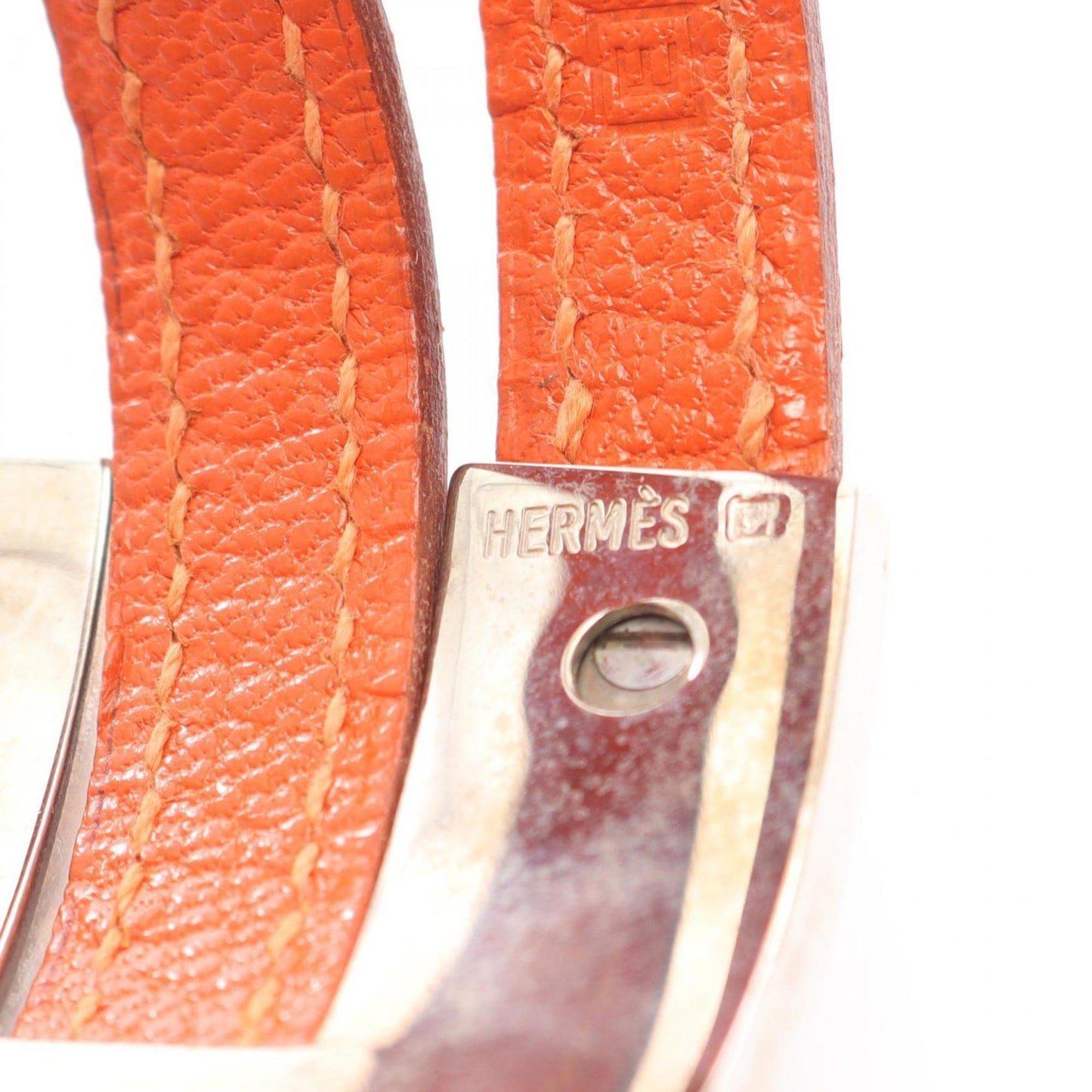 Hermes Hermès Puspus MM Bracelet, Stainless Steel, Chevre, Women's, Orange and Silver
