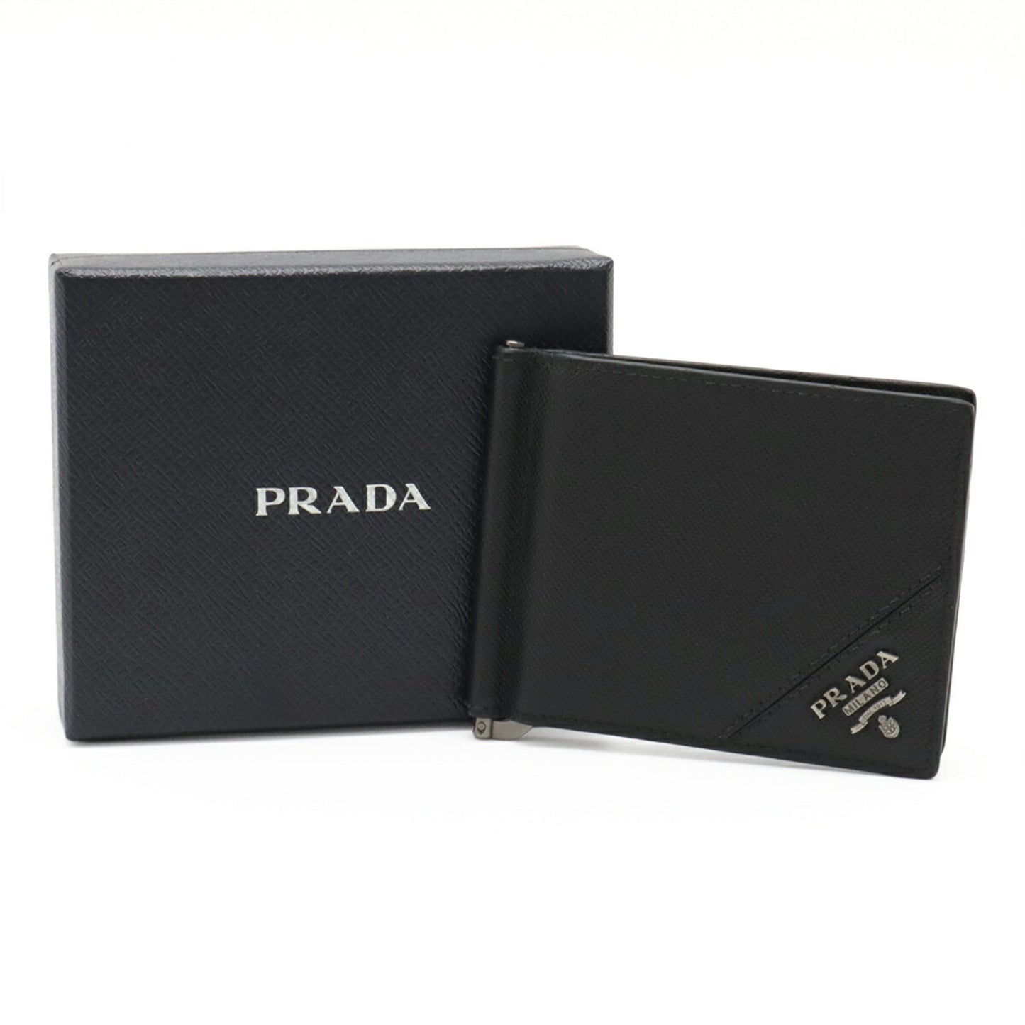 PRADA SAFFIANO METAL Bi-fold Wallet with Money Clip, Black Leather, Nero, 2MN077, Purchased at a Japanese Boutique