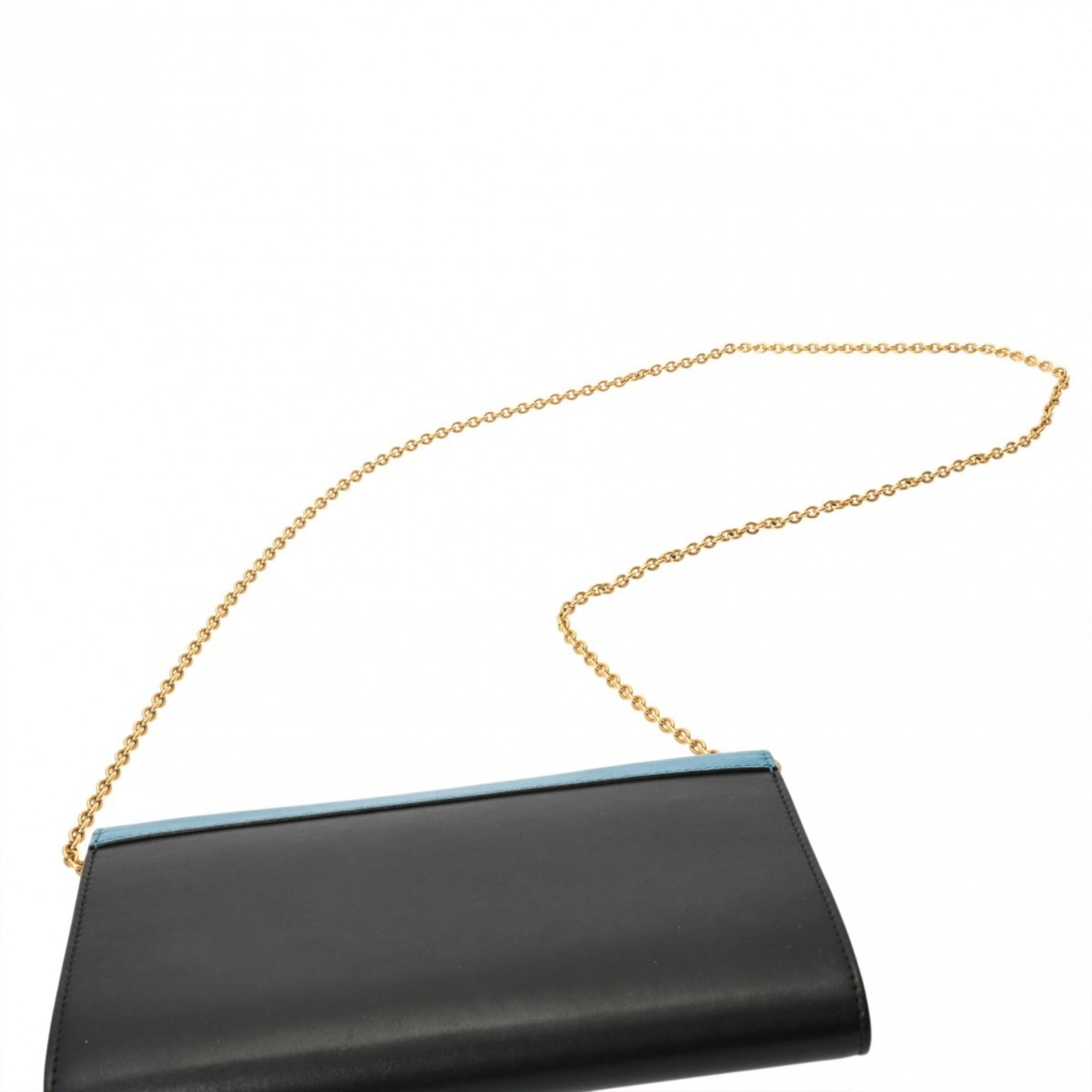 CELINE Chain Wallet, Black, White, Blue, Women's Leather Shoulder Bag, A-Rank, Pre-Owned, Ginzo