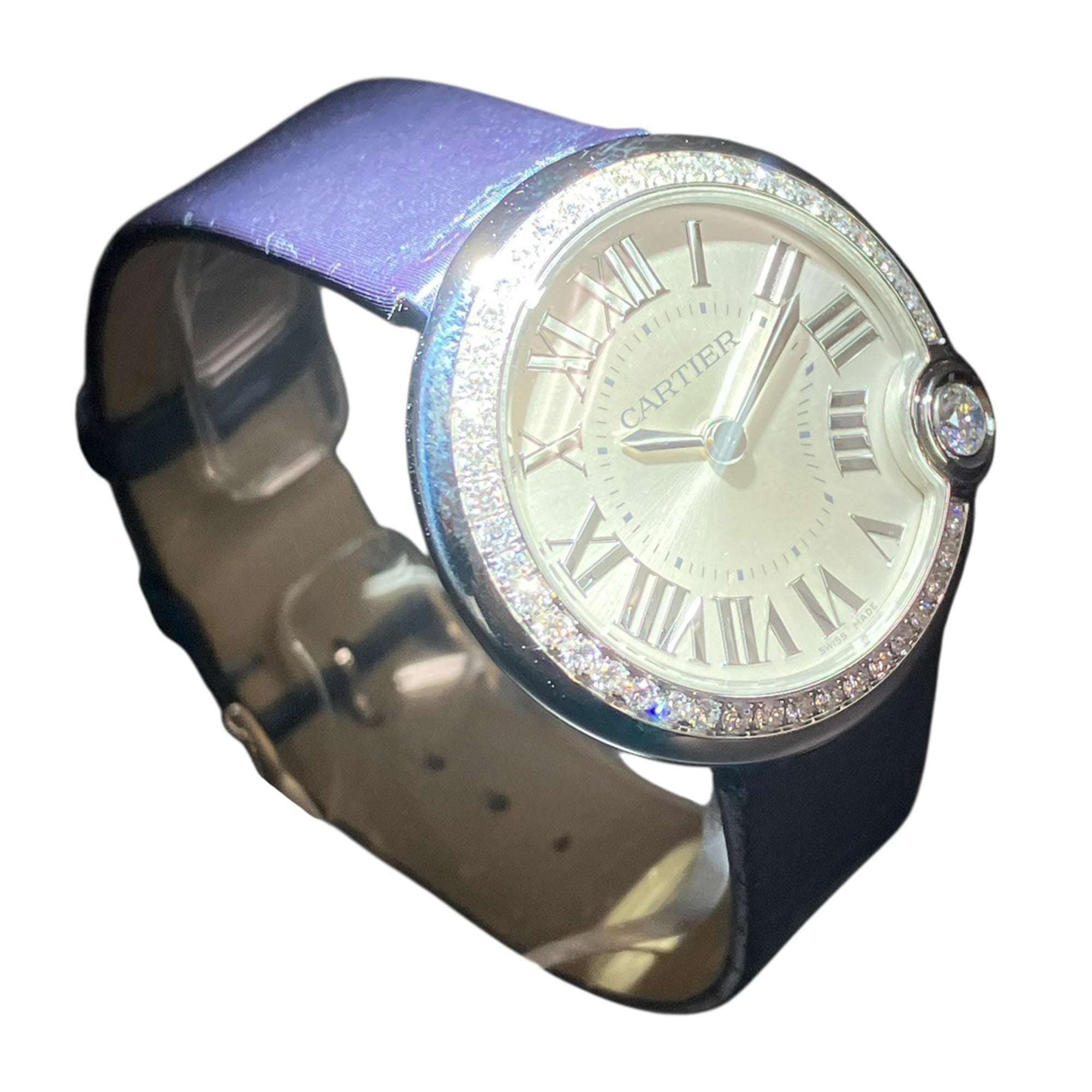 Cartier Ballon Bleu de watch, total weight 27.7g, stainless steel, genuine leather strap, diamonds, quartz movement, silver dial, W4BL0002 — Very Good