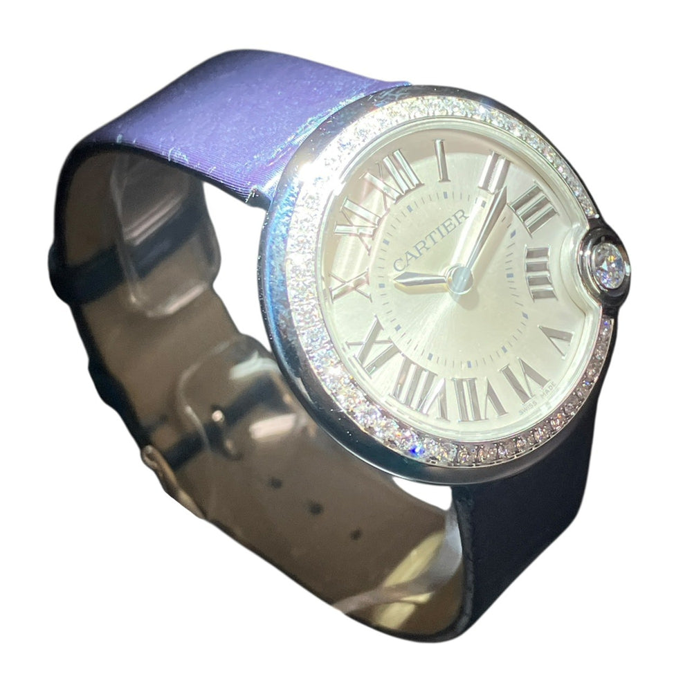 Cartier Ballon Bleu de watch, total weight 27.7g, stainless steel, genuine leather strap, diamonds, quartz movement, silver dial, W4BL0002 — Very Good