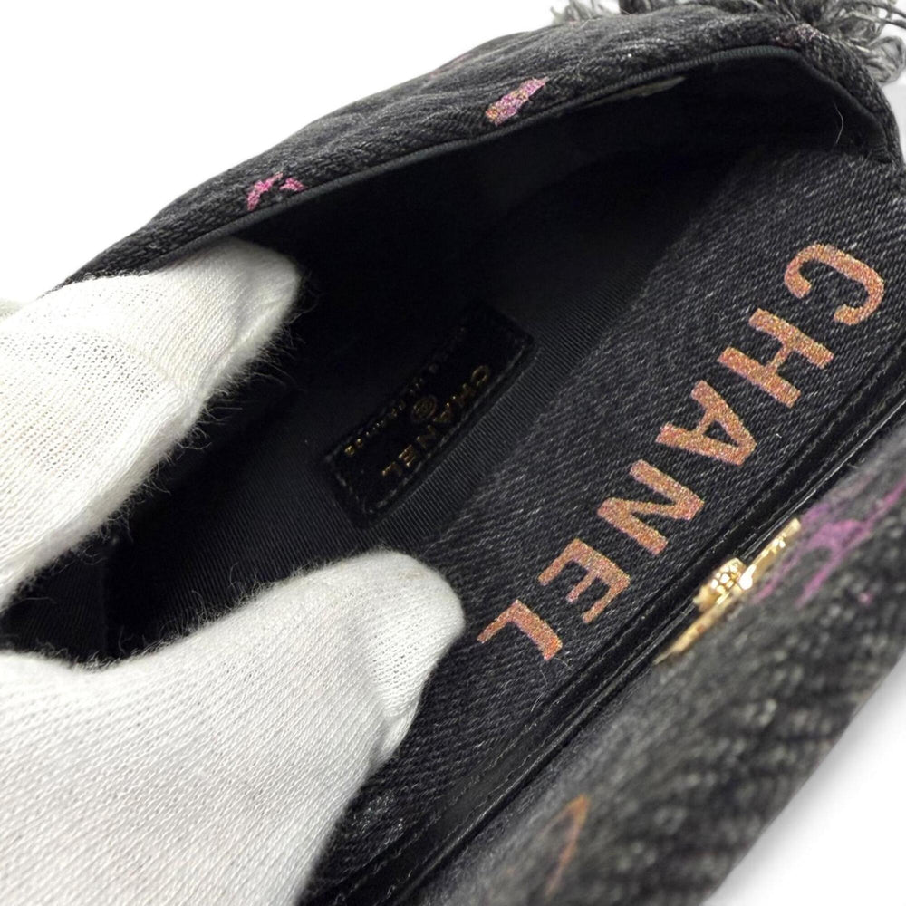 CHANEL Coco Mark Mini Matelassé Denim Leather Chain Fringe Bag Shoulder Black Multi Made in France Women's with Box and Dust — Like New