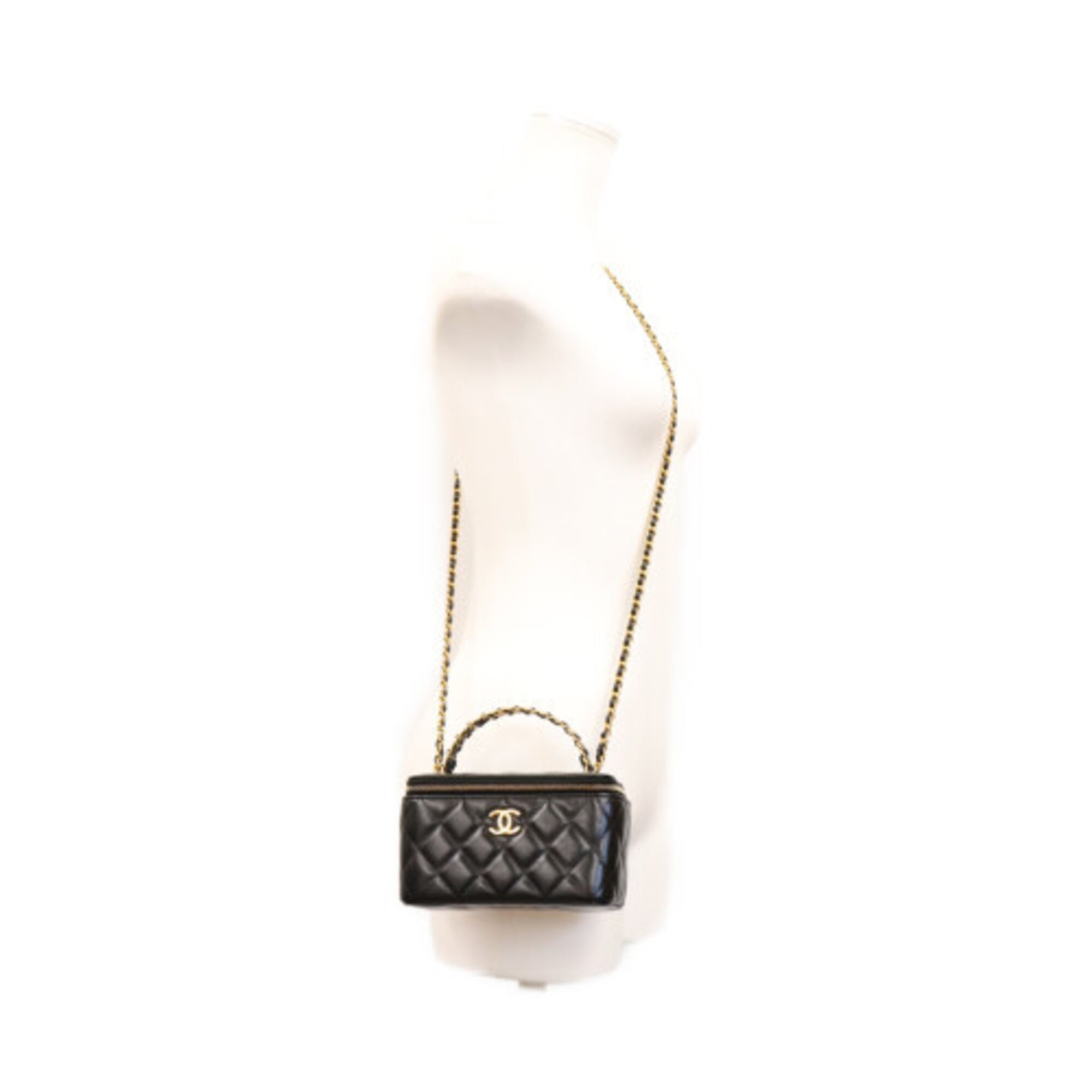 CHANEL AP3243 Black Lambskin Gold Hardware Top Handle 2-Way Vanity Bag Shoulder Women's — Like New