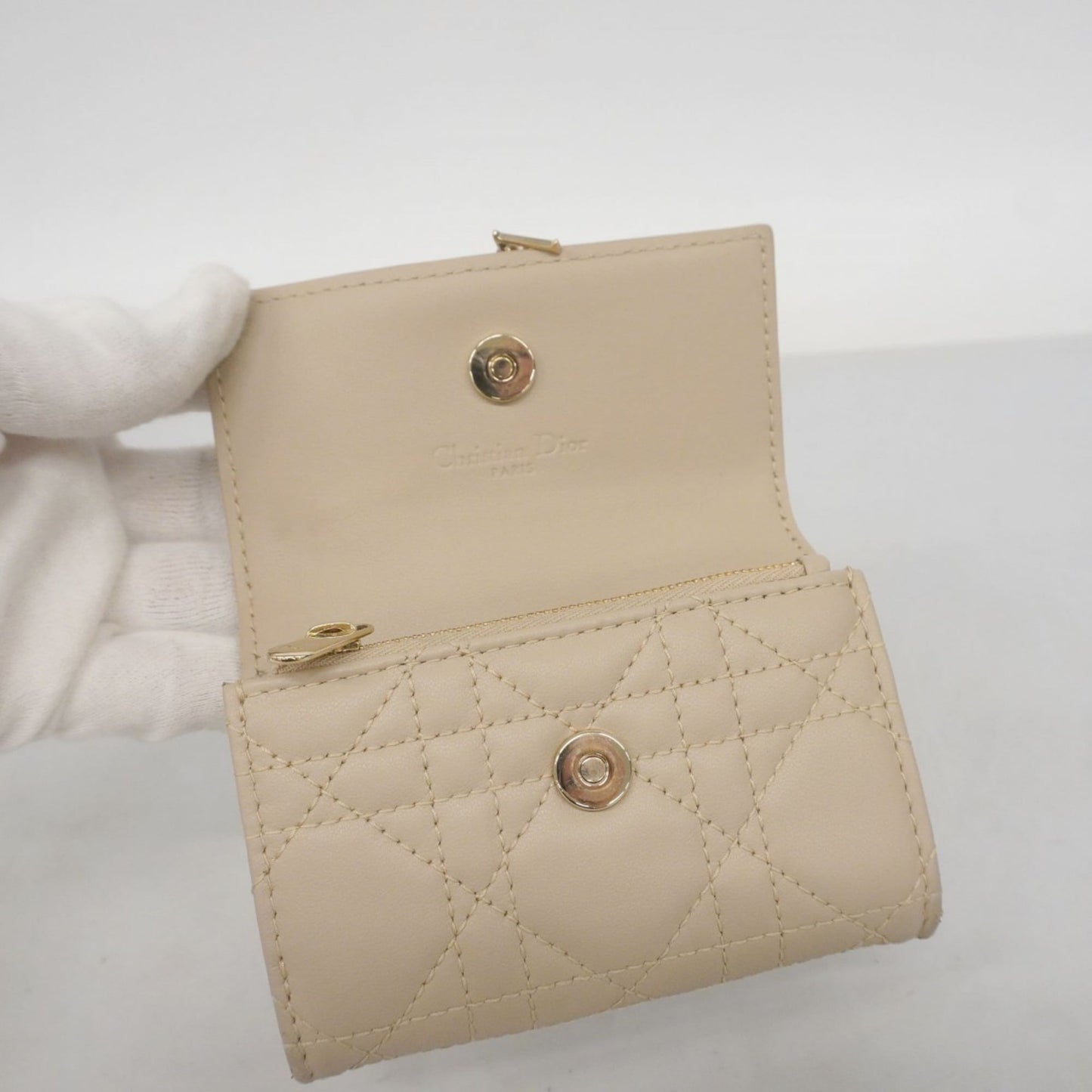 Christian Dior Cannage Leather Wallet, Beige, Champagne, Women's