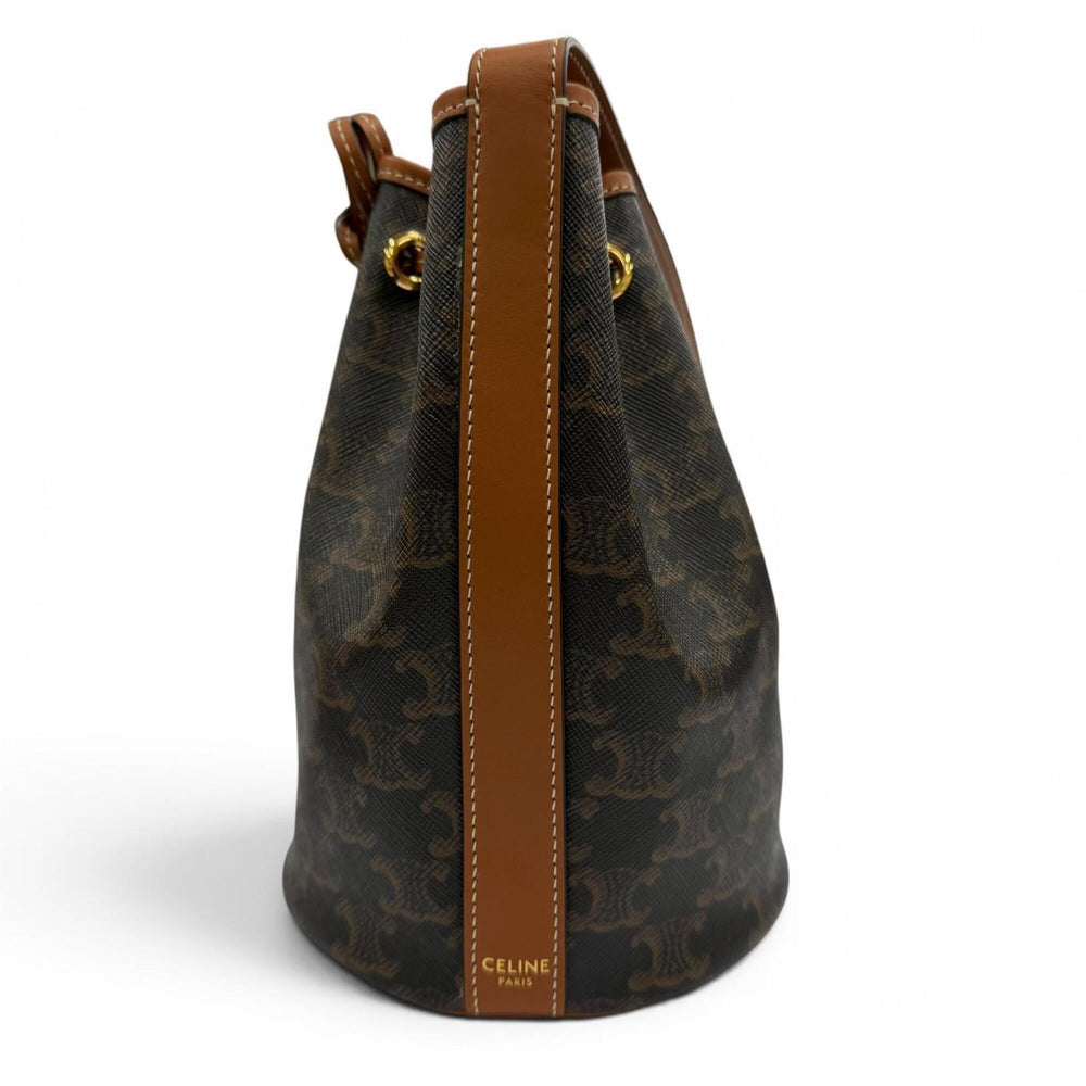 CELINE 19114 Triomphe Small Drawstring Shoulder Bag, Canvas, Tan, Made in Italy, Women's, with Dust Bag — Like New