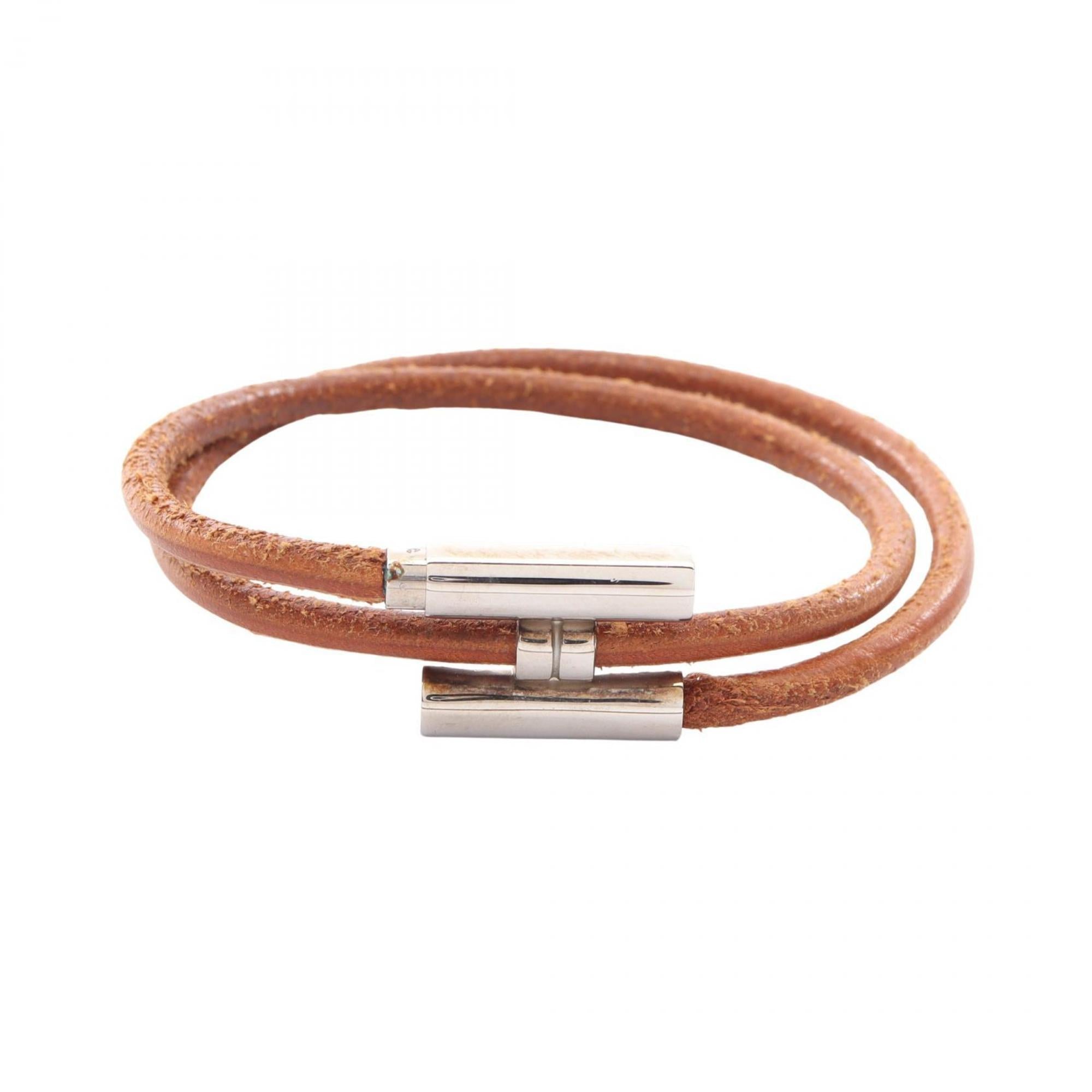 Hermes Hermès Tourni Tresse Bracelet, Stainless Steel and Leather, Women's, Silver Brown