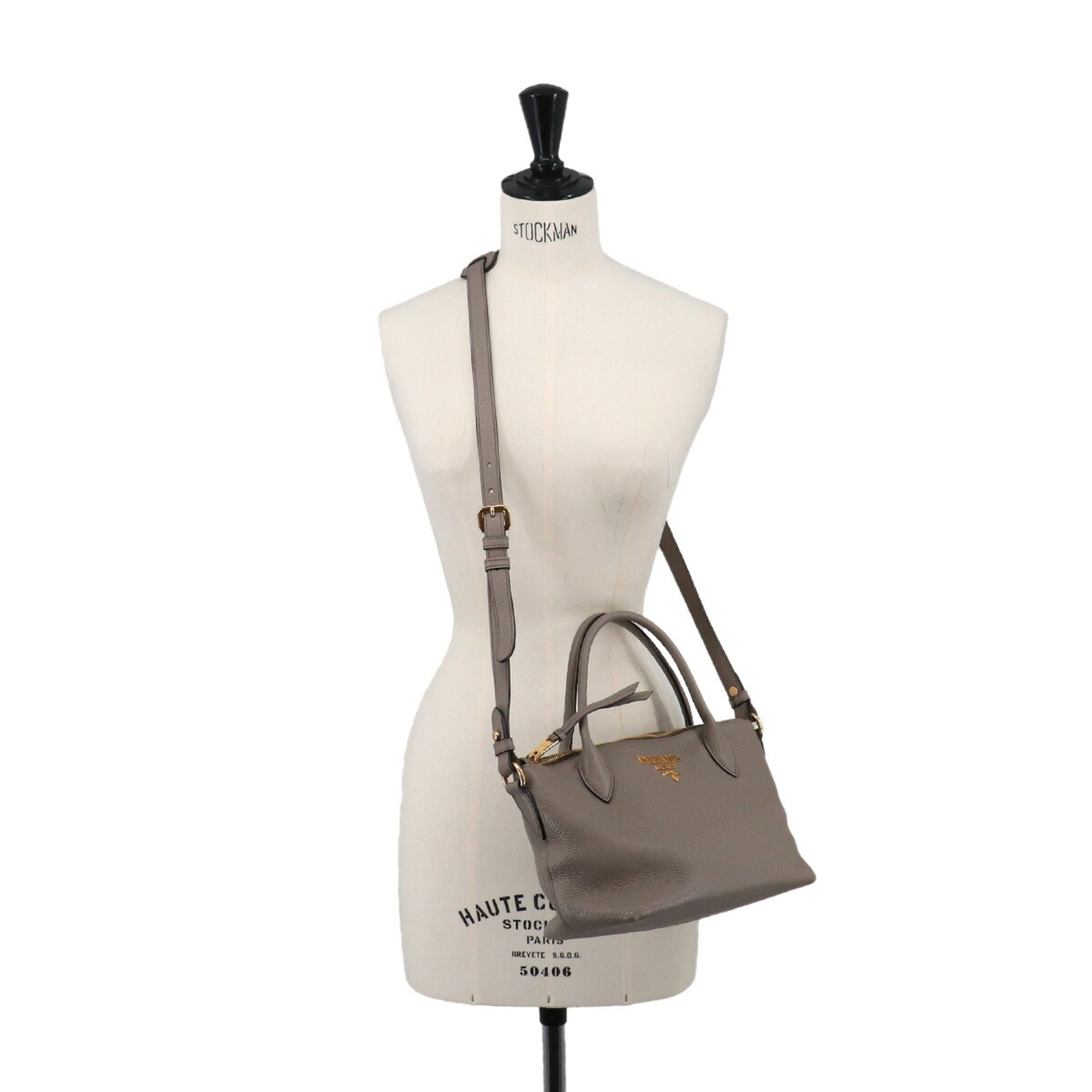 Prada 2-way Hand/Shoulder Handbag, Leather, Gray, 1BA111, Gold Hardware — Like New